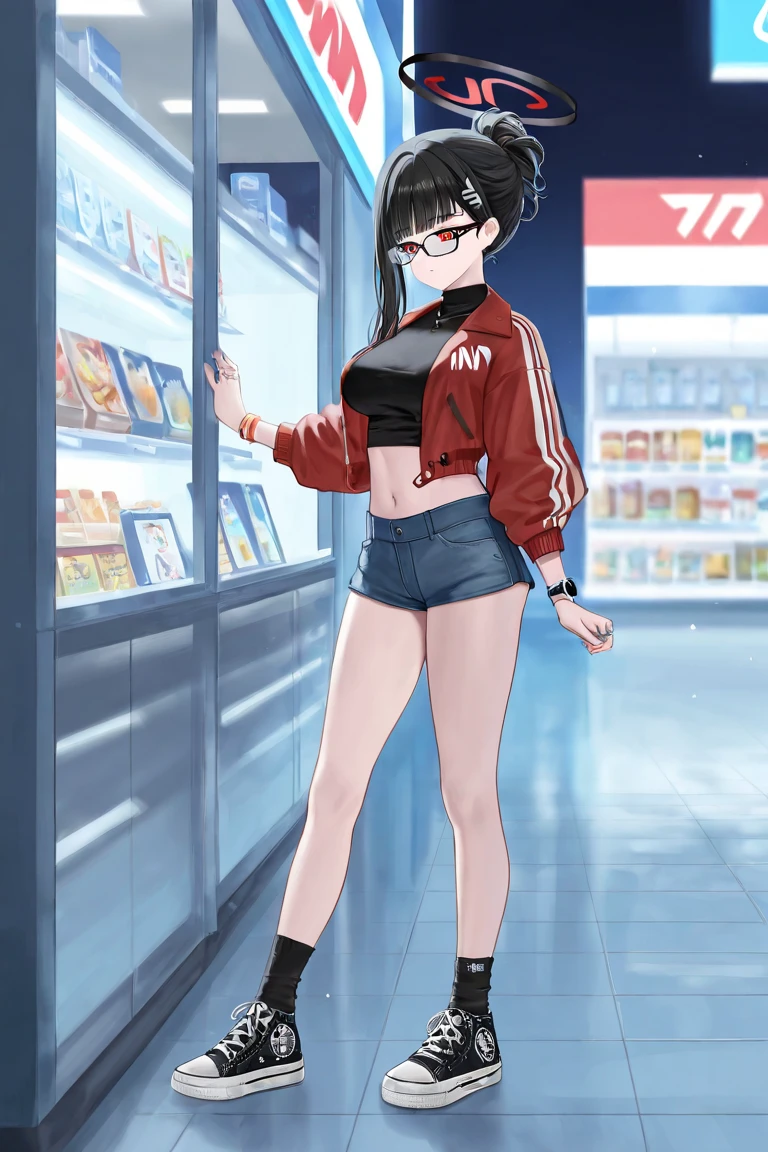1 woman, Kayoko , Short black and white hair , red eyes , sly face , glasses , black tank top , black panties , abdomen, big breasts , Long legs , hands on hips... , canvas shoes , convenience store