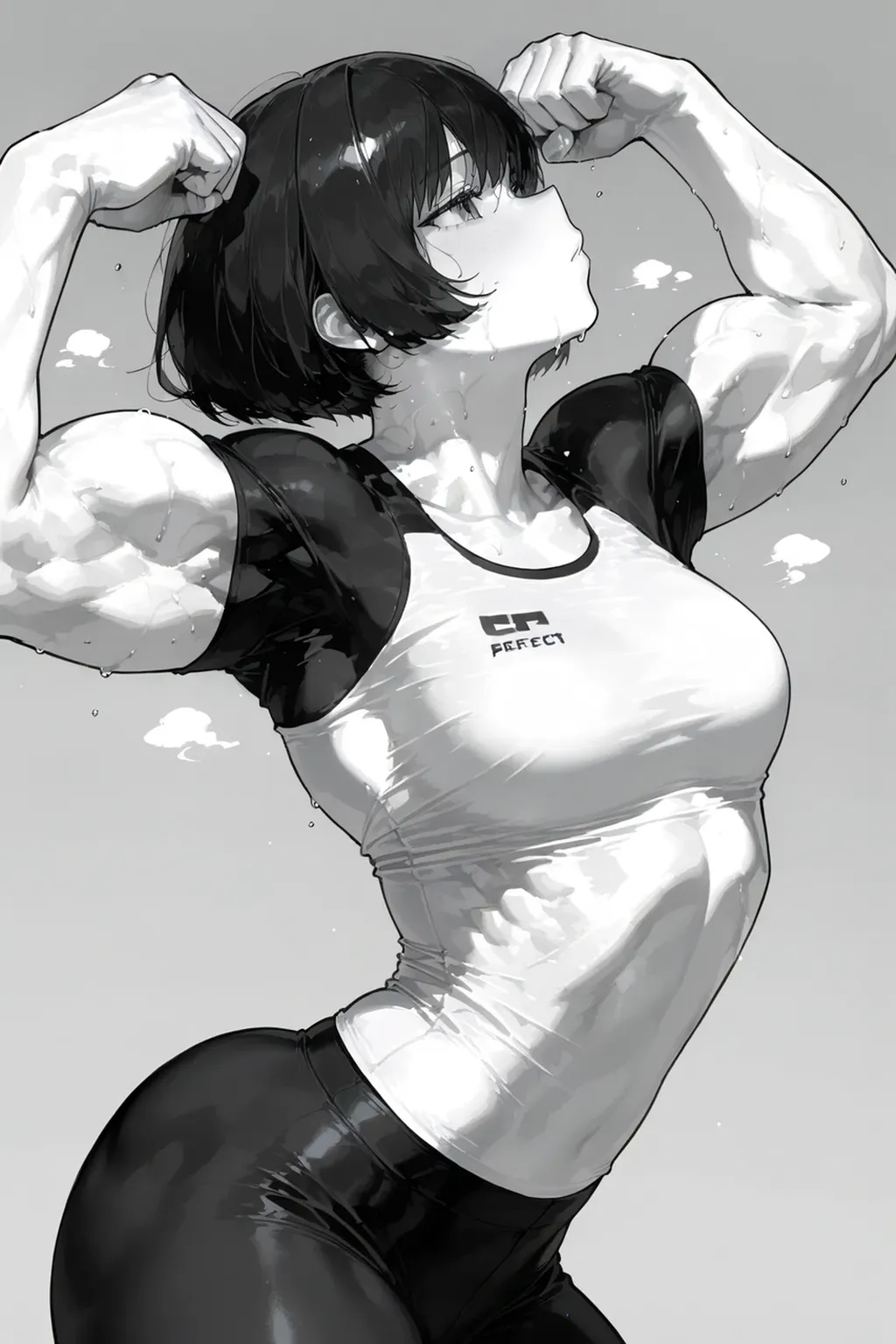 pale (((((girl))))) ((((muscular)))) ((small breasts toned body thick)) expressionless sad black hair yellow eyes pale sweaty skintight midriff thick thick