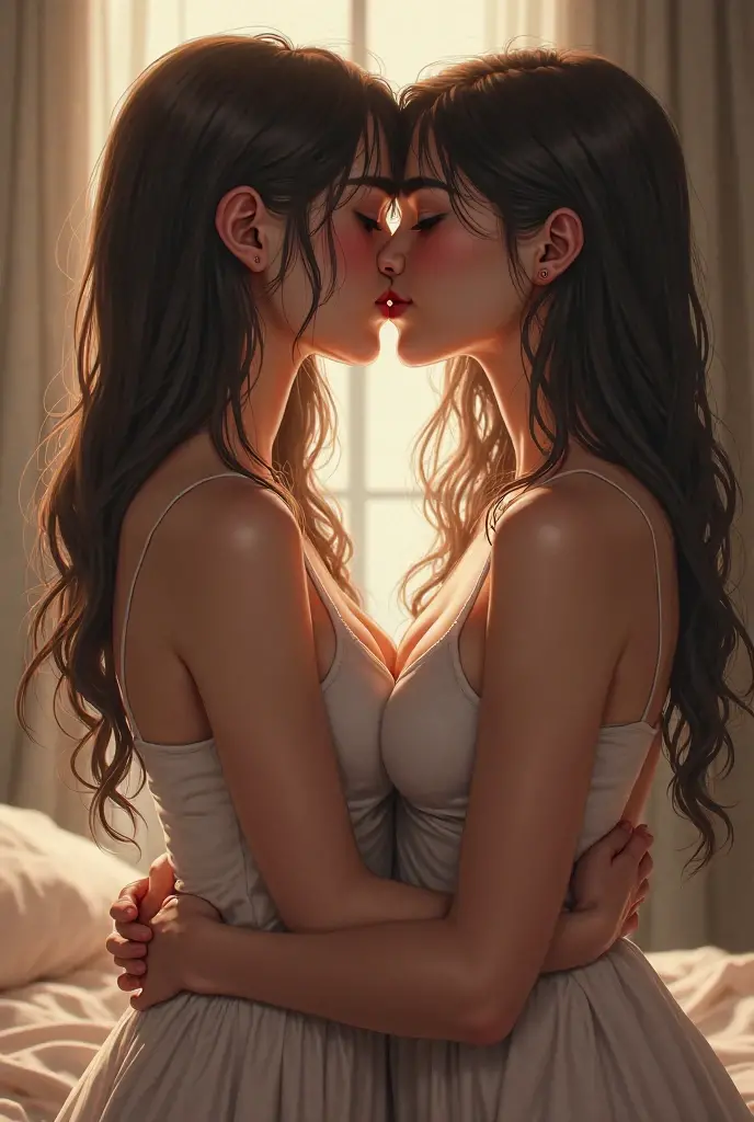 Twin sister touching each other's bra and kissing each other's lips