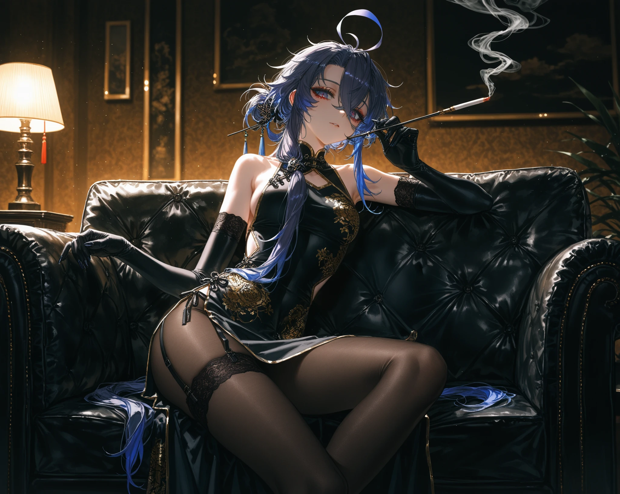Uma mulher de 19 anos magra, com muitas tatuagens,cabelos longos castanhos com roxo, She's sitting at a window smoking a brown cigarette, olhar sexy, olhos castanhos detalhados, de de maquiagem delineador