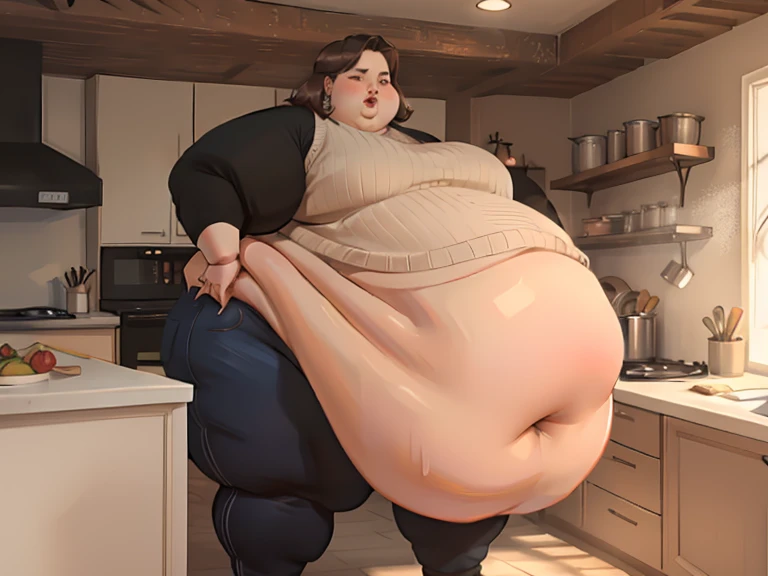 (masterpiece, best quality, highres, detailed, realistic:1.2), young asian woman, USSBBW, (morbidly obese:1.4), (fatblob:1.4), detailed face, beautiful face, high aesthetic, cute smile, nude, apron, messy kitchen, making cookies, messy hair bun, gigantic belly, sagging belly,