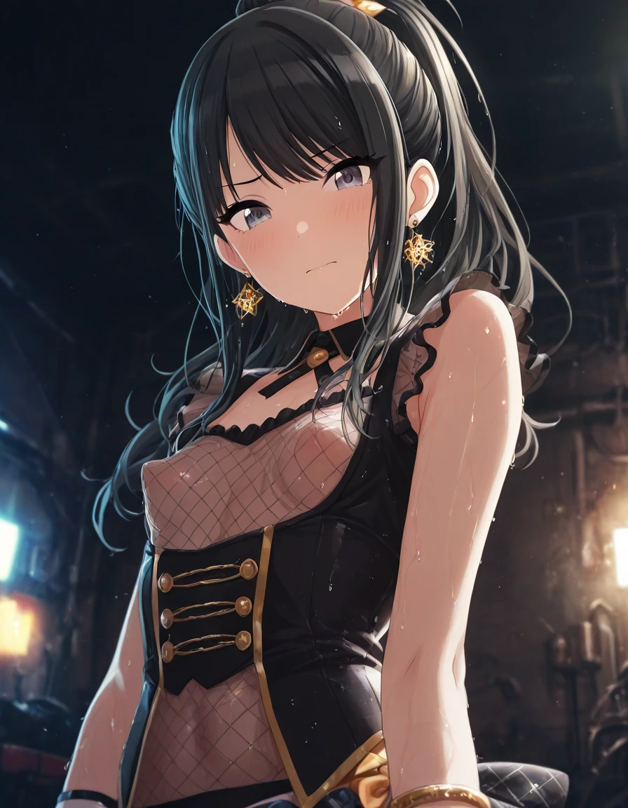 (small breasts:1.2), (perky chest:1.2), (pointed chest:1.2), (Pudding cake magazine cover:1.3),(from below:1.0),(shoot from the side:1.1),masterpiece, 1girl, Amazing Cleavage:1.1, thin waist, optimum,tmasterpiece,hight resolution,best qualtiy,hyper HD,super detailing,awardwinning,a 18yo cute girl,(The upper part of the body),anatomy correct,Beautiful Black miniskirt,garters,Gaze,Small face,bangss,holster,Beautuful Women,hands up,leg holster,Gaze,black boots,Cowboy Shot,cute face,a blond,Longhaire,Twin-tailed,Braids, Hairline,(scarlet eyes),long eyelasher,Hanging eye corners,White skin of the, ((see through camisole:1.1)), ((Sheer nipples:1.0)),Rocket Tits,(Slim body),smile,seductive weak smiling,(with sparkling eyes and a contagious smile),little open mouth, Looking at Viewer,