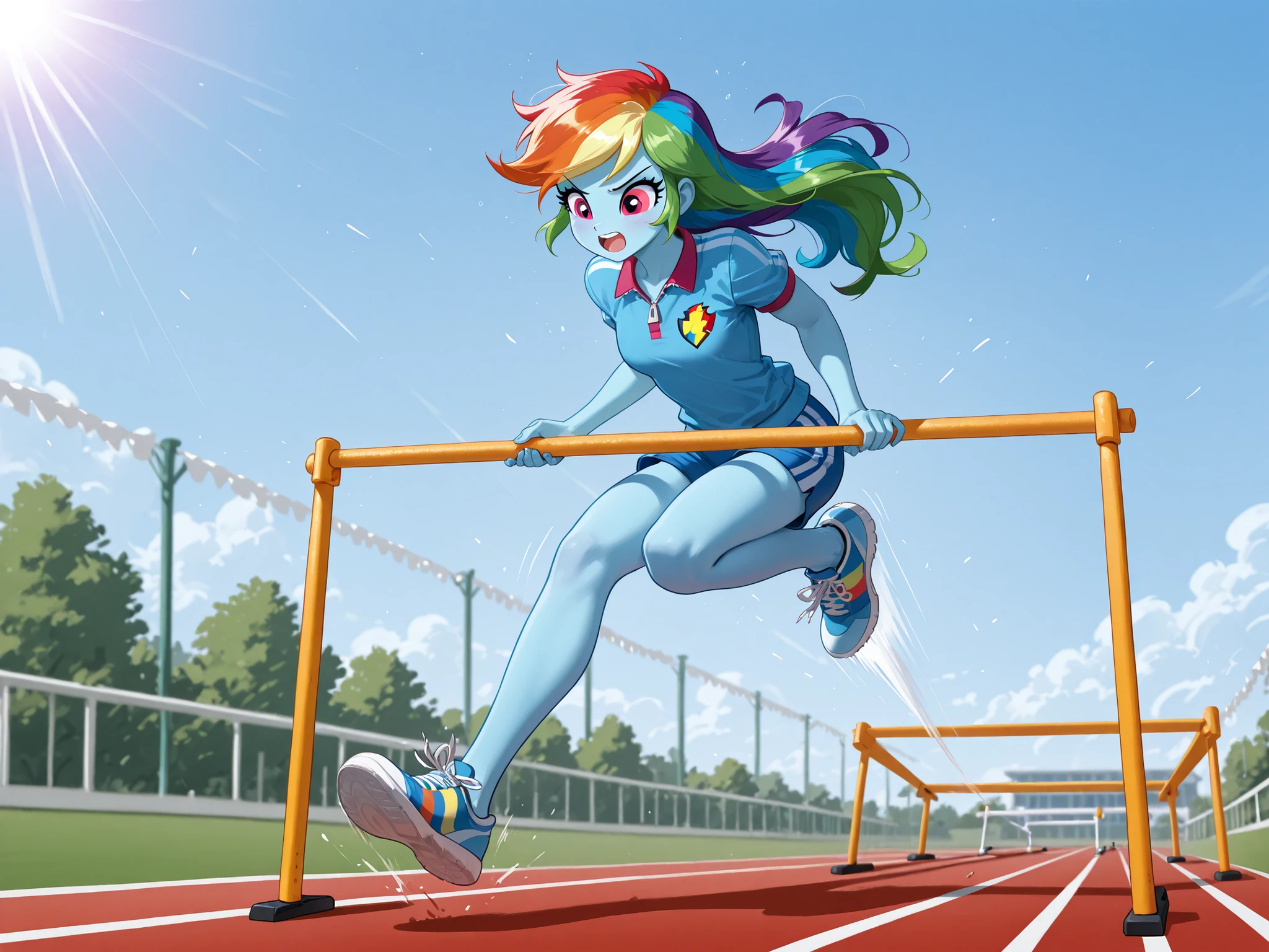 Track meet, exterior, Rainbow Dash, equestria girls, jumping over a hurdle while running