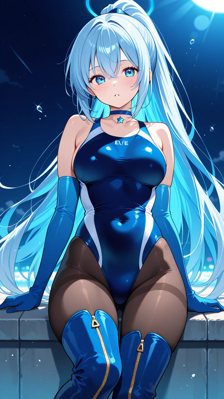 top-quality、Full limbs、complete fingers、Slender beauty、straight haired、Light blue hair、long、(Light Blue High Neck Long Sleeve Competitive Swimsuit:1.3)、(Brown pantyhose:1.3)、Light blue high heels、Beautiful Large Breasts、lawn、The tree々Surrounded by、Jump with your knees bent、A big smile、Right hand extended upwards