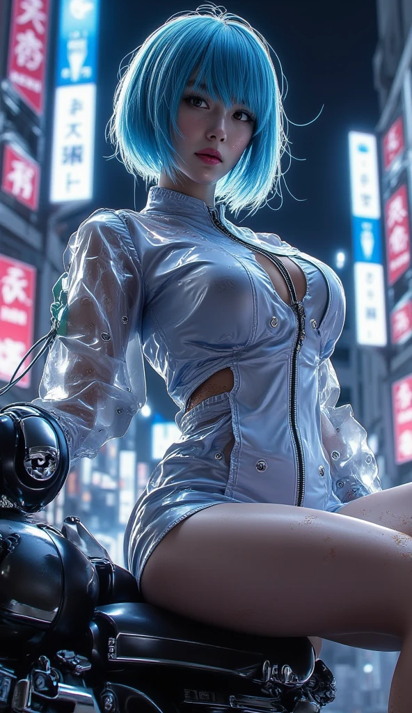 RAW, masterpiece, ultra thin photo, best quality, ultra high resolution, photorealistic, sunlight, full body portrait, incredibly beautiful, dynamic poses, delicate face, vibrant eyes, (side view), she is using a futuristic Spider-Man mechanism, light blue eyes, multi-colored hair, futuristic city background, highly detailed abandoned, detailed face, detailed and complex busy background, messy, gorgeous, milky white,  Highly detailed skin, realistic skin details, visible pores, sharp focus, volumetric mist, rainy night, 8K UHD, DSLR camera, high quality, film grain, fair skin, photorealism, lomography, expanding metropolis in futuristic dystopia, view from below, translucent