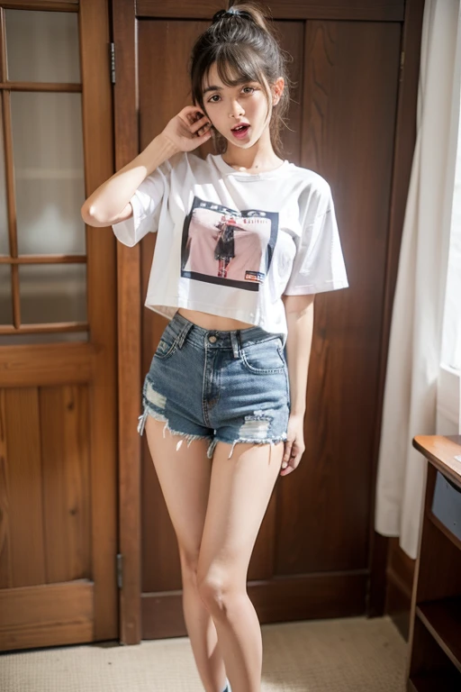 adolescent, Short shirt, sweaty hair, in a hotel bed, big breasts, Under the chest is visible, full body shot, The whole body is shown., background blur, , Movie light effects, perspiration, small t-shirt, tourists in the background, sparkling eyes, blush, shy, Red lips, Denim mini skirt, tilt one'face, Previous open jacket, smile showing teeth, Comb your hair, tilt one'head, Wear high heels, beautiful hair, Very detailed face, kitten at my feet, Beautiful white skin, socks, Supermodel proportions, garter belt,