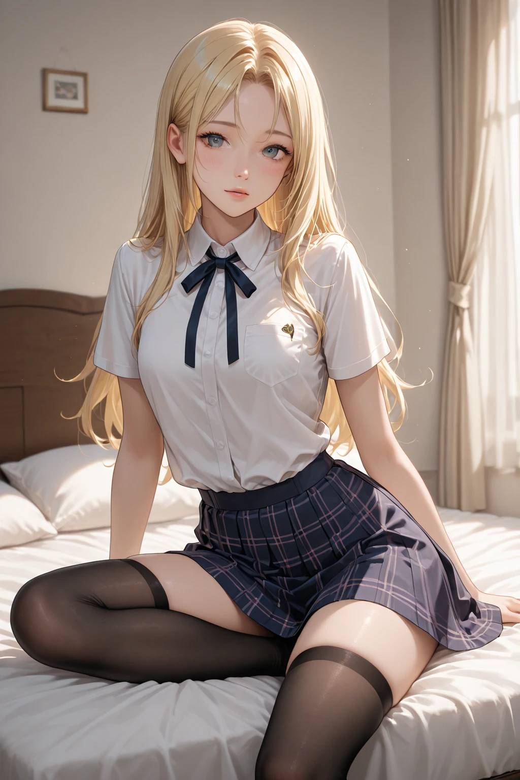 photorealisim、top-quality、超A high resolution、NSFW、Japanese high school girl、Girl in uniform on bed、M-shaped legs、She opened her legs wide、Show off your panties、Looking at the camera、((blondehair))、((Pink Satin Panties))、Light blue shirt、Dark blue tartan plaid pleated skirt、Detailed cute and beautiful face、(pureerosface_v1:0.008)、Brown-eyed、eye liner、red blush、embarrassed from、glares、 shiny lips: 1.4, humiliated、impatience、Frightened、glares、Panty appeal、red blush、is crying、Crying、Open knees、open one's legs、Disheveled clothes、Dressing、Black High Knee Socks、Wearing sweat、sodden, Medium Long Hair,In the bedroom late at night,
