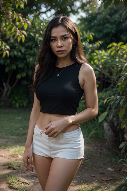 Indonesian beautiful girl with brown wavy hair, walking in the rainforest, wearing white singlet and black short pants, wearing boots, there's a knife in her boots, blue eyes, thin lips, there's splash of wet muddy in her boots, cinematic, sharp focus, hyper realistic, ultra HD, photography, serene
