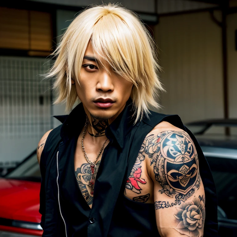 Japanese gothic rocker man, male, Asian eyes, muscular, broad shoulders, yakuza tattoos, hairstyle Visual Kei style, hair Visual Kei, black men's shirt and black pants, ultra detailed face, hyperrealistic, realistic representation, 30 years old, age 30 years,, blonde hair