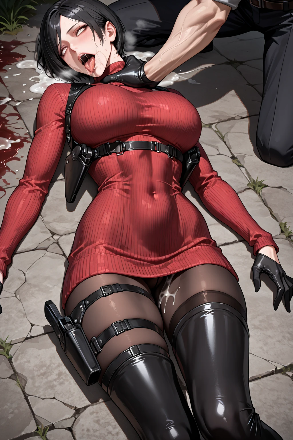(best quality,highres:1.2), (ultra-detailed), (realistic:1.37), (HDR,UHD), (physically-based rendering), (Gorgeous and stunning curvy voluptuous Denise Milani beaten bloody and humiliated), beautiful supermodel face, ((no panties, exposed crotch:1.3)), ((topless, exposed chest:1.3)), ((olive green leather pleated skirt:1.3)), ((sexy nylon stockings:1.3)), ((short stiletto-heeled leather combat boots)), ((olive green boxing gloves:1.3)), ((full breasts:1.3)), ((perky breasts:1.3)), ((cropped, straightened jet-black hair:1.2)), (beautiful large green eyes):1.3), ((thick thighs:1.2)), (defeated humiliated pose in a boxing ring), (lying down on a bed), (lying down with legs spread), (legs spread wide open), (full body portrait), ((torn clothing:1.3)), ((bloody scratch marks on breasts:1.4)), ((blood splatter on breasts:1.3)), bruised face, beaten up, bruises, cuts, scratches, humiliated, terrified, crying, shocked, nylon stockings, sexy defeated fighter, (hot red lips, makeup:1.2), big_boltedontits, boltedontits, th3p1t, ((peeing self)),