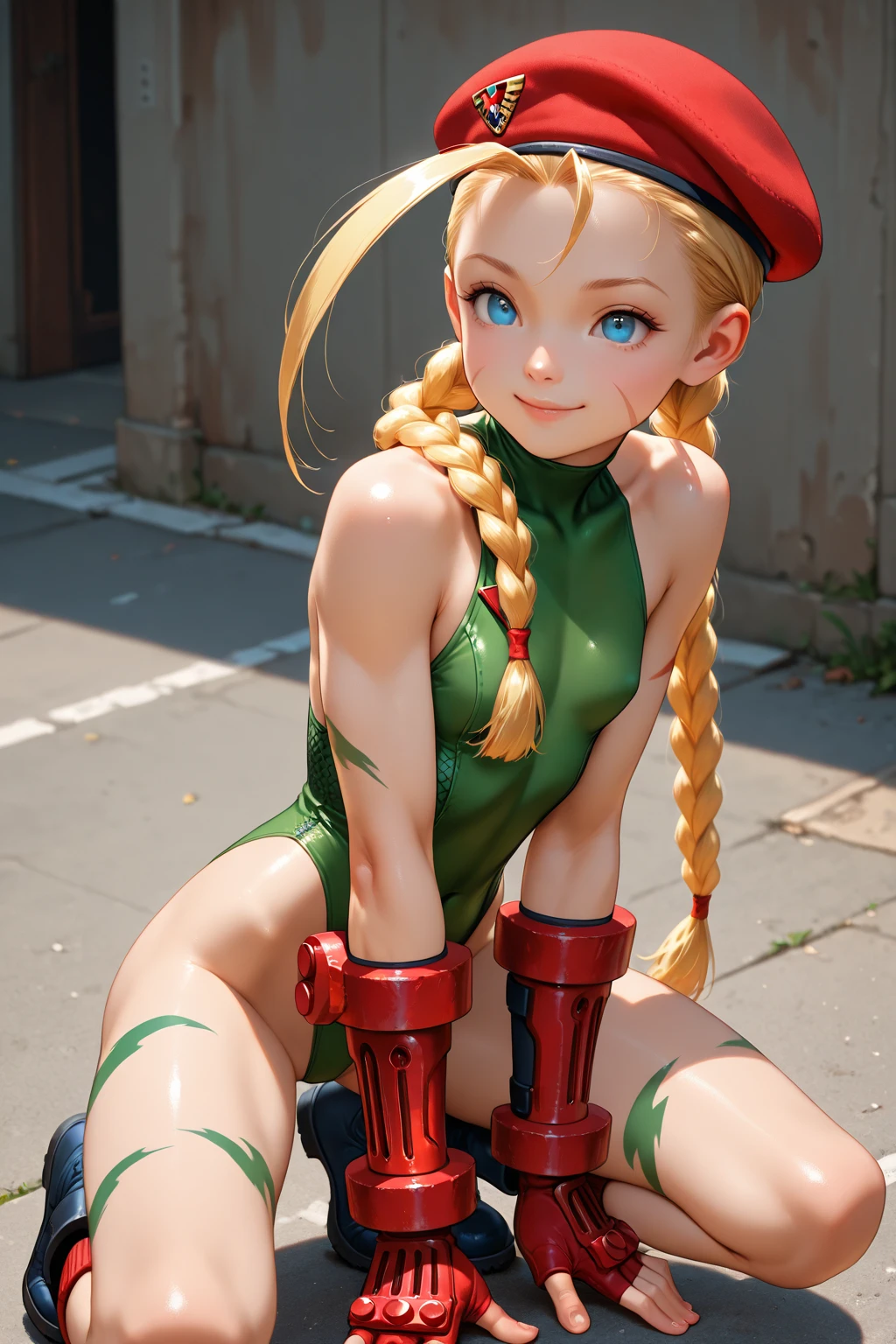 camy from stree fighter standing with legs apart、 1 cute tall 28 year old girl , of the highest quality、ウルトラ - high resolution、high resolution、Detailed CG、unity wallpaper 8k、20 years old、Beautiful detailed dark blue and fine eyes.,、(((Red beret )))、((( pale skin with scars in the mouth , dark green shirt , Short shirt , green soldier pants , neckline ,)))、(shiny body,:1.5)、 please be shy、(under the chest:1.5, Ahegao:1.5)、(Stick out your tongue and drool.)、full of shame、(A bright red bed in a love hotel、bright sheets, red and blue neon lights、ultraviolet black light)、Feel、legs open、sexy pose red bands on the hands yellow hair a pigtail with long braid toned muscular body