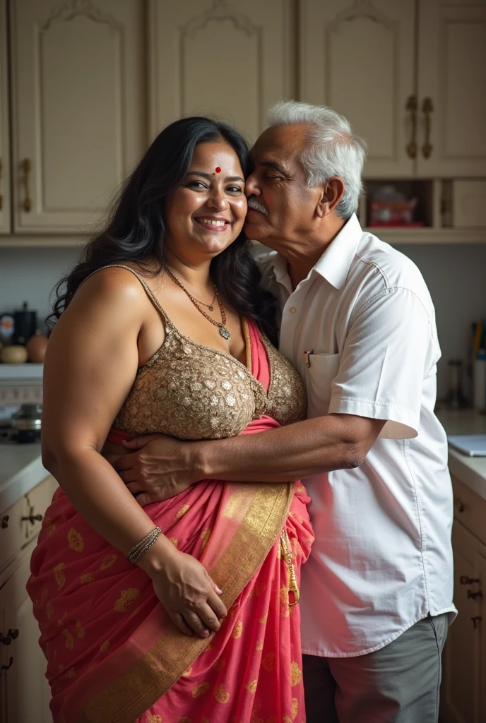 ((Realistic)) (potrait of old man and a mature woman) (chubby Brunei mature woman), an old man holding mature woman on his lap. The woman open legs wide, while old man had touched the woman's shoulder, (thin lace bra) (real beautiful woman), (gorgeous eyes woman) (sexy curvy mature woman body shape) (natural saggy big breasts), dark bun messy hair, embarrassed expression,