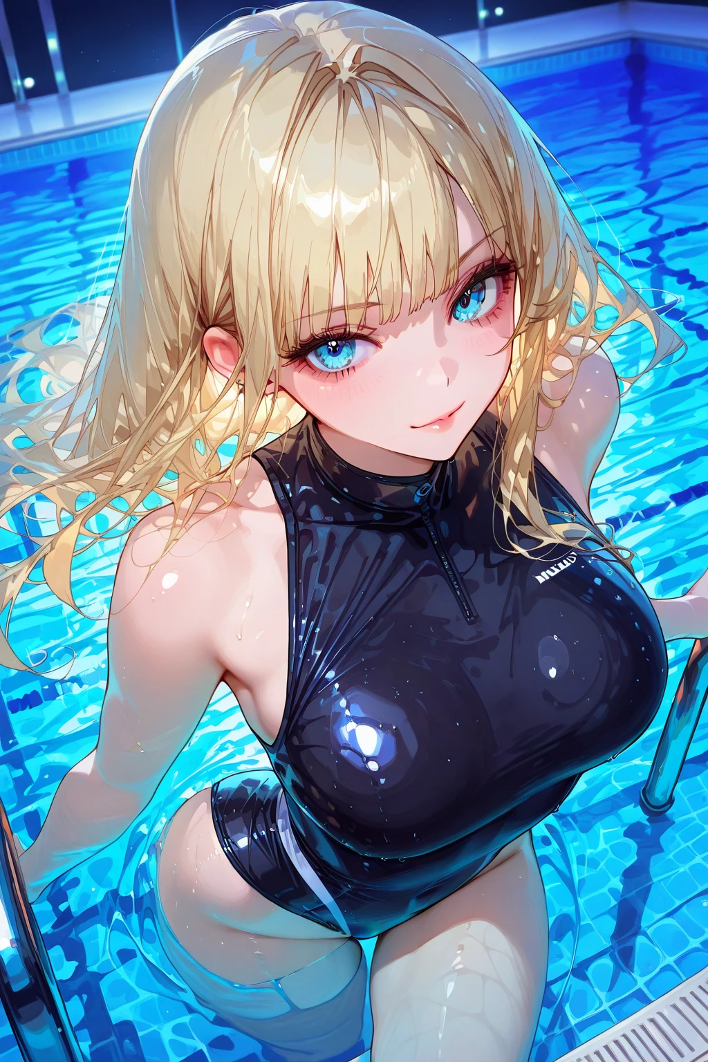 ogata kanna, long hair, ponytail, large breasts, animal ears, halo, hair over one eye, animal ear fluff, blonde hair, sharp teeth, pool, pool side, white school swimsuit, detailed face, beautiful detailed eyes, beautiful detailed lips, extremely detailed eyes and face, long eyelashes, photorealistic, 8k, high quality, masterpiece, vibrant colors, cinematic lighting, dramatic lighting, fantasy, magical realism, surreal