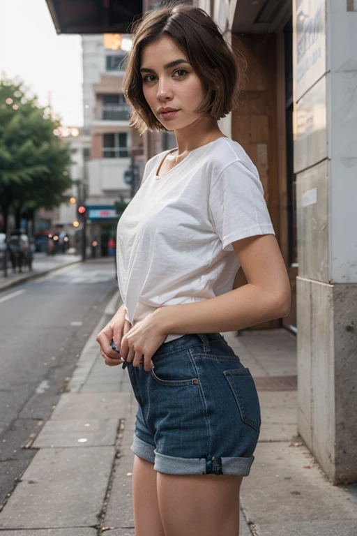 Canon 5D, maximum quality, 4K, 8K, 16K, Ultra high resolution, Raw HDR photo, sharp focus, hyper realistic, realistic texture, intricate face, intricate eyes, high contrast, skin with imperfections, subsurface scattering, F2, depth of field, film grain, Photograph of a woman standing, few freckles, best quality, highly detailed, ultra-detailed, small pink lips, short shorts, light green eyes, dark brown hair, detailed eyes, complex face, blurry city in the background, cuteness, high contrast