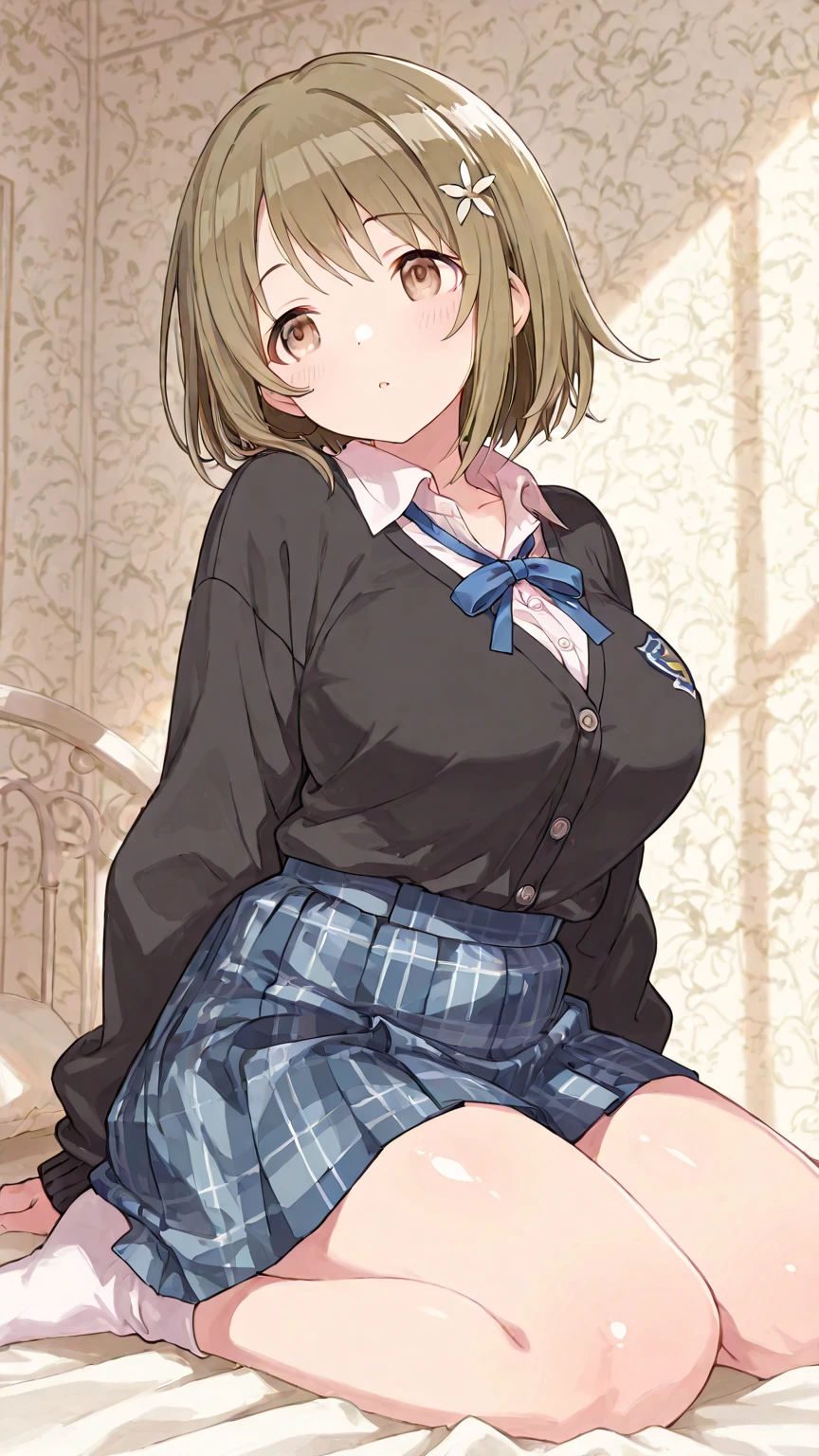 Close-up、(((blonde hair)))、wavy short hair、cute、summer:1.3、shirt:1.3、、skirt(((Highest image quality、High resolution、masterpiece、one woman)))、((((embarrassing:1.3、)))、(((cute)))、Super delicate and cute girl with black hair、soio、a high school student、16 years、8K Ultra High Definition、Delicate texture、short wavy Hair、flat chest、(((Plaid mini skirt)))、(((Wear a cardigan over a collared shirt)))、(((navy colored high socks))),,Plain clothe、Smiling,spreading her legs,exposed panties,nsfw,middle breast,classroom,lying down on the desk,spreading legs open wide with knees bent,creating the shape of the letter M,(((detailed race white panties))),