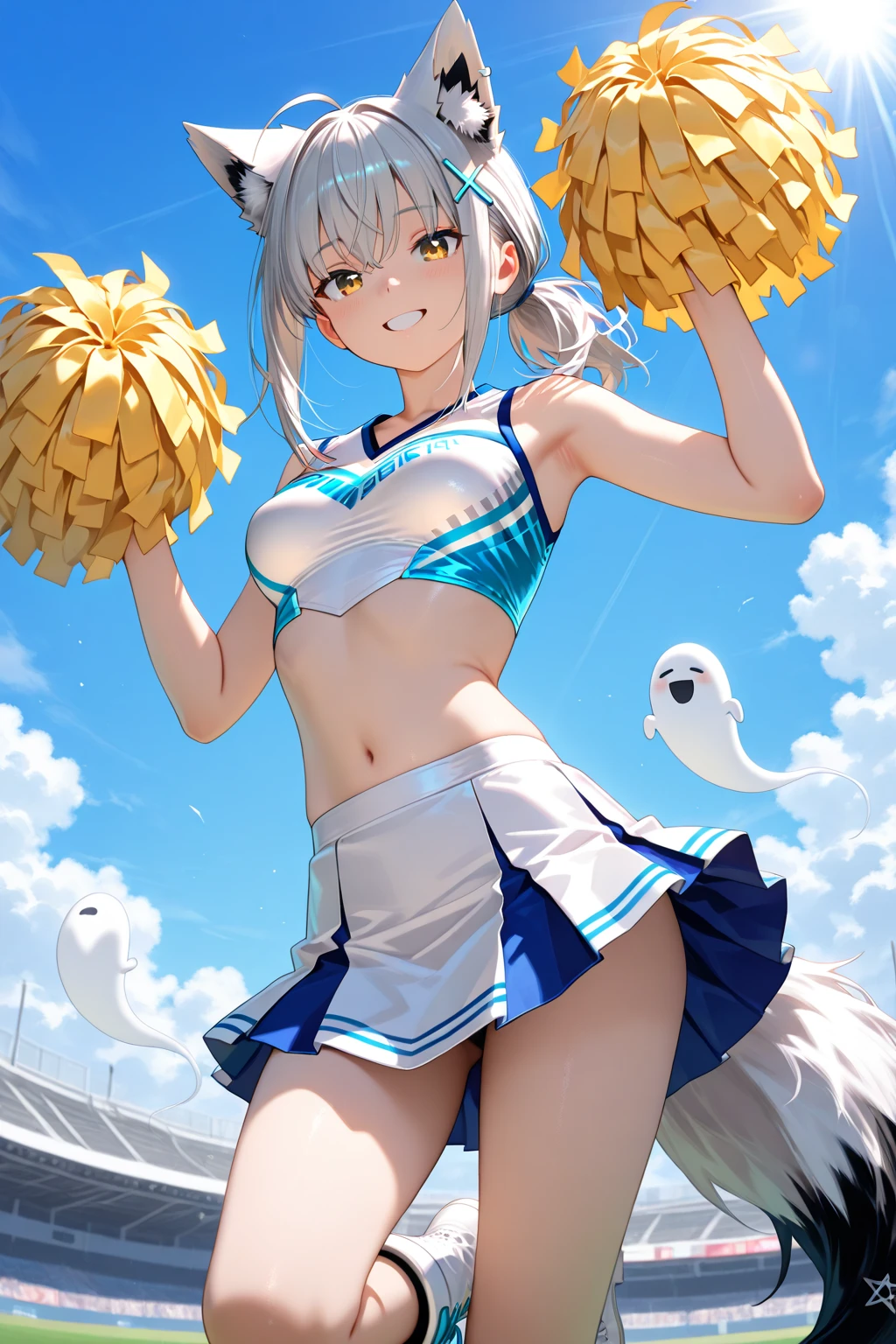 cowboyshot:1.2, dutch-angel, (best quality,4k,8k,highres,masterpiece:1.2),ultra-detailed,(realistic,photorealistic,photo-realistic:1.37),colorful,splash art,cute girl,white hair,girly pose,dynamic motion,cheerleading costume,cheerful expression,big sparkling eyes,rosy cheeks,happy atmosphere,vibrant colors,shiny hair,beautiful smile,lively background,colored ribbons,playful energy,exciting cheerleading routine,aesthetic lines and shapes,stylized shading,cartoon-like,anime influence,expressive artwork,eye-catching composition,joyful mood,full of life,fantasy elements,energetic jump,flying hair,positive vibes,uplifting spirit,splashing water,burst of confetti,cheering crowd,motion blur effect,seamless action,exquisite details