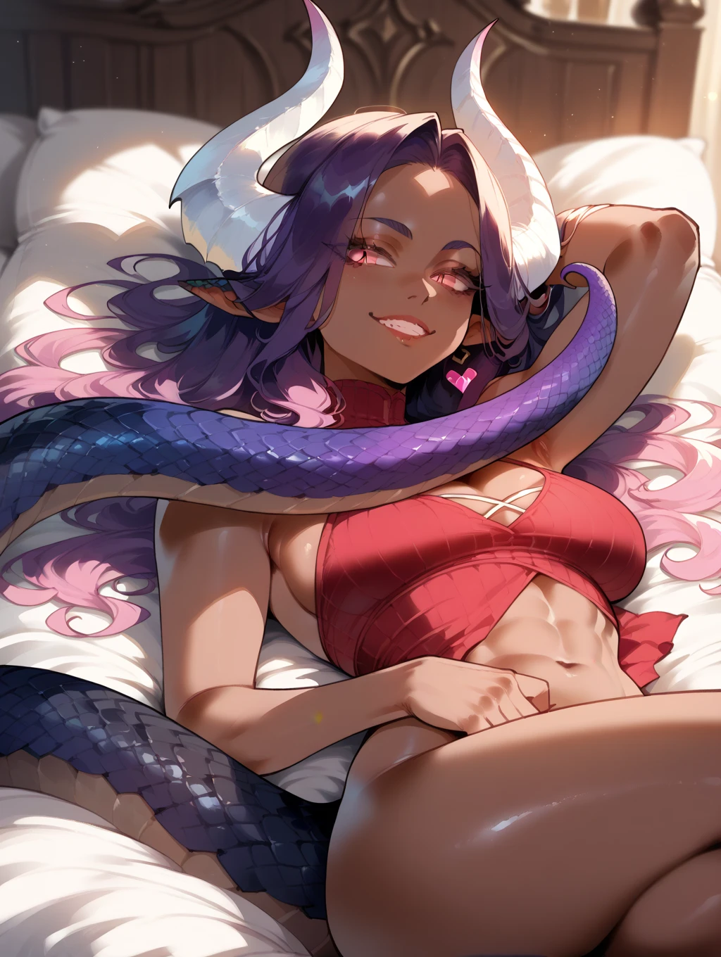 ((nsfw)),masterpiece, anatomically correct, highres, best quality,1 girl, 1 boy, black hair, long hair, ((lying on back)),(white bra), (white panties), (lift bra:1.0), shy, blush, parted lips, heavy breathing, drooling, endured face, excited, (messy clothes: 1.0),(Background: on bedroom bed),(large breasts), arms up, (1 boy), pov breastgrab, pov hands, breast grab, sweat, (snakes 1.5), (snake tail), pretty girl,full body, sunset, steam, best quality,detailed,high resolution,