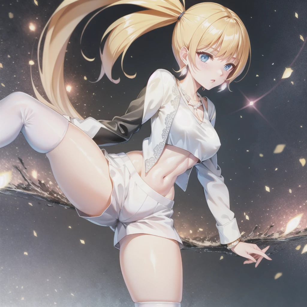 (RAW photo:1.2, photorealistic:1.3), masterpiece:1.4, best quality:1.3, Highest details:1.3, beautiful and aesthetic, extremely detailed CG unity 8k wallpaper,( vibrant colors:1.1), high resolution, see-through white short dress and a bow tie, tights, anime visual of a cute girl, official character art, anime girl, official art, single character full body, anime full body illustration, full body portrait of a short!, female anime character, as an anime character, a-1 pictures, full body with costume, rei hiroe, anime best girl, blond bob hair, on the midday outdoor stage, dynamic jumping pose, dancing, smile, stained panties, pee stained panties, panties