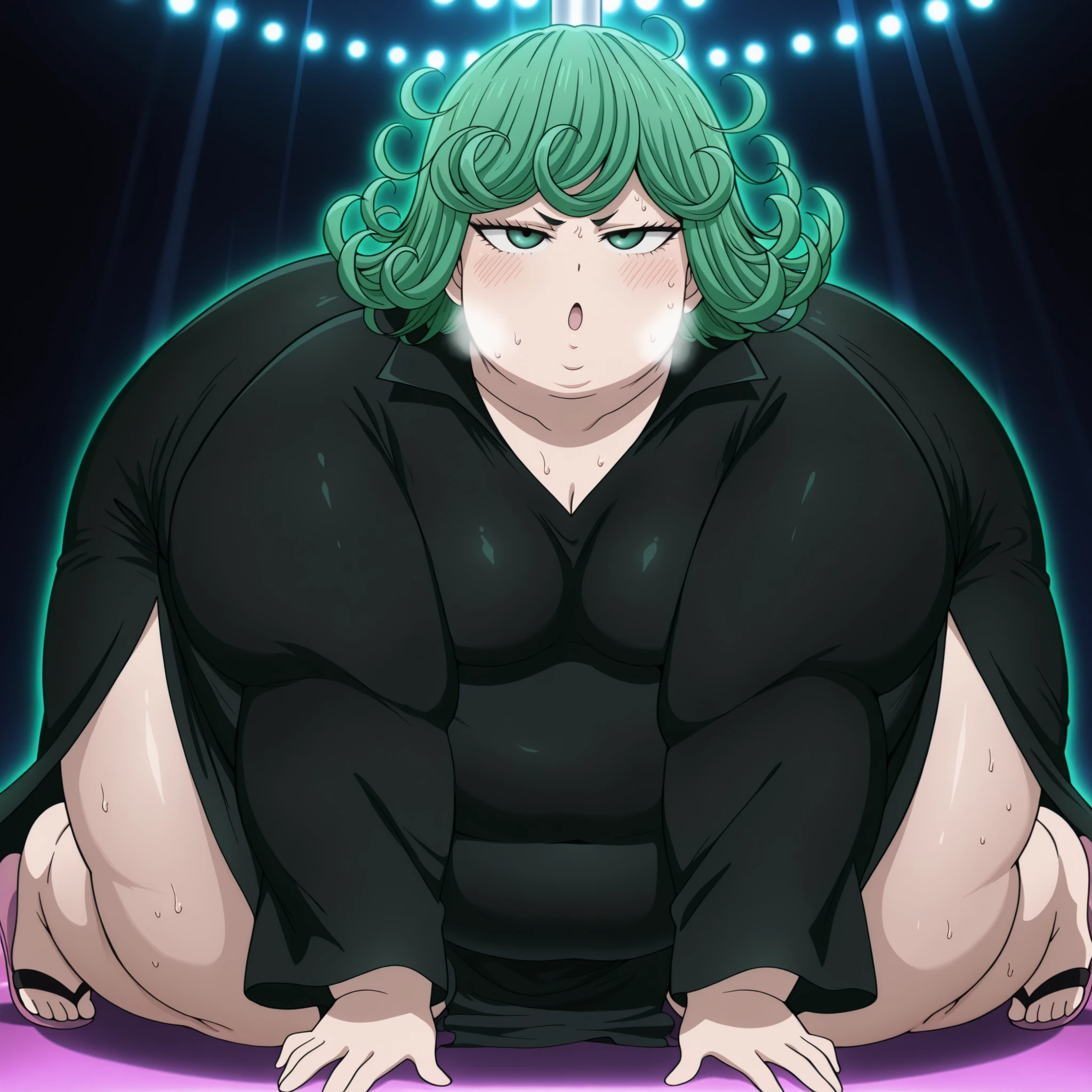dress, black dress, side slit, collarbone, long sleeves,tatsumaki, tatsumaki (one-punch man), green hair, green eyes, short hair, curly hair, mature female, small breasts, anime screencap,,,  , ,chubby cheeks,masterpiece, best quality, 1girl   , wet body, sweating \Dancer\pole dancing\vulgarity\),stage,spot light,dark, fat, chubby, obese, gigantic arms and legs, large breasts flip flops, fat, chubby, obese, gigantic arms and legs, large breasts open mouth, out of breath, all on fours, incoming kiss,