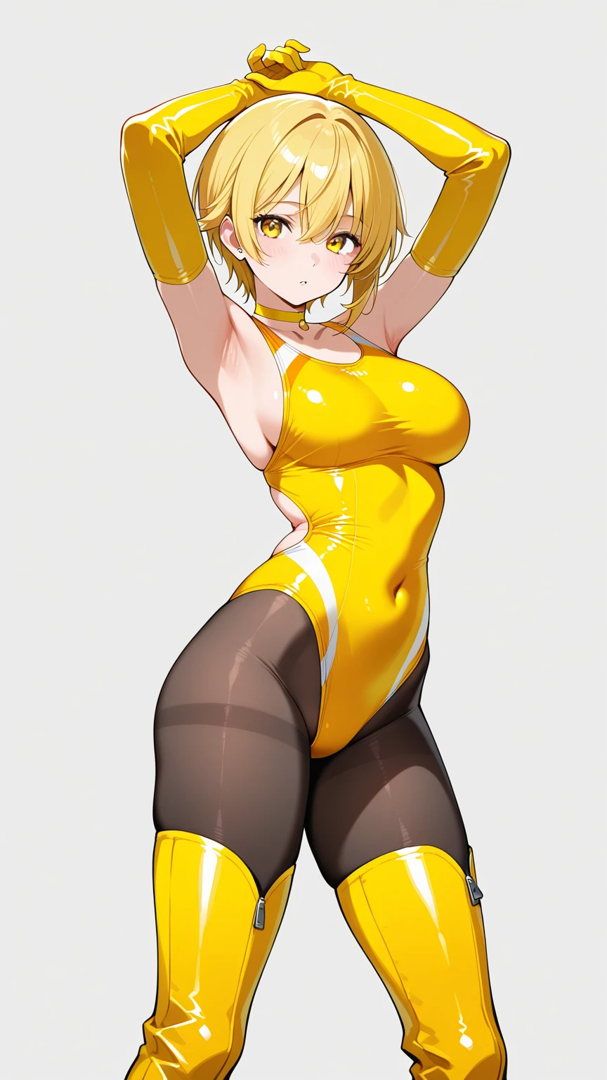 (Crotch)、Open your legs towards the viewer、pretty 1girl, top-quality、The ultra -The high-definition、hight resolution、extremely details CG、8K Unit Wallpapers、19 age、Beautiful detailed eyes,large boob、Platinum Blonde Hair,bob cuts、biomechanical oppai,Grid girl posing on the circuit 、zippers、(Golden Metallic Competition Swimsuit)、(((One piece swimsuit with lines)))、Sleeveless、darkskin、(FULL BODYSHOT)、(Shiny body:1.3)、 Open mouth, blush, Sweat,be shy、