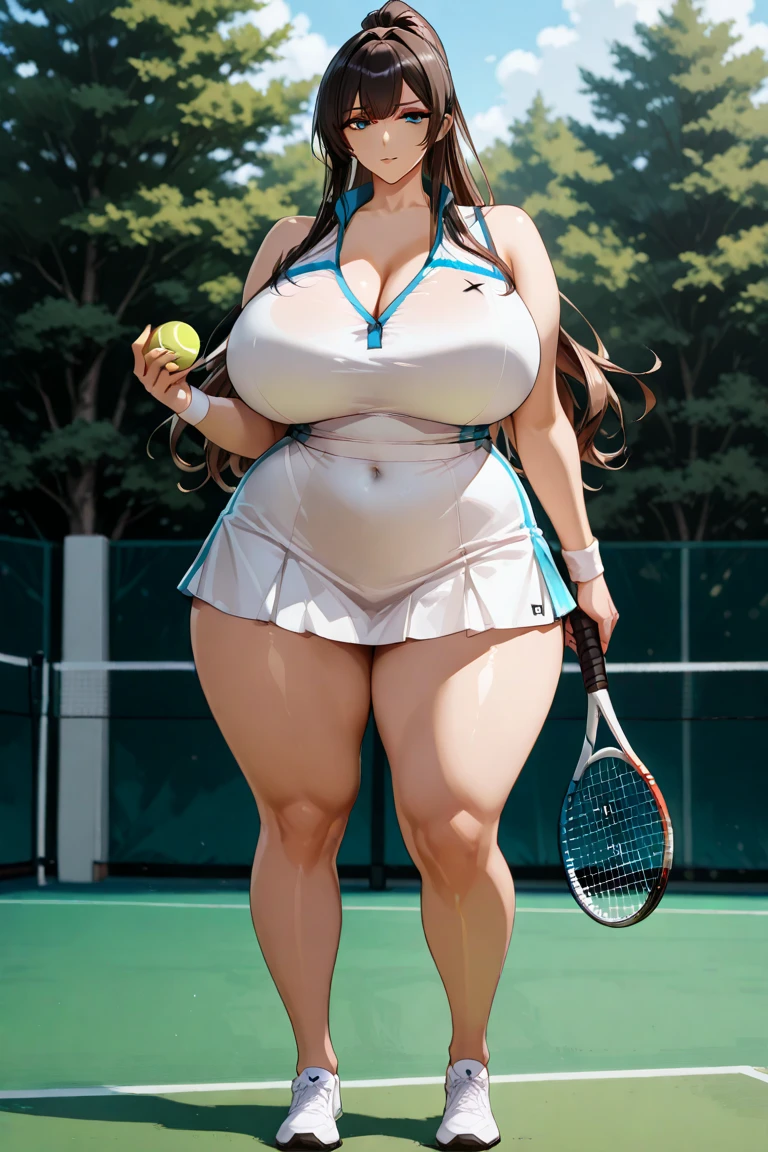 Christina Hendricks, long red hair, sunny day, dramatic cloudy skies, on tennis court, two girls, duo, sisters, in tennis uniform, pleated mini skirt, topless, no shirt, naked breasts, bare belly, groping breasts, squeezing breasts, (squeezing breasts:1.5), gigantic breasts, (gigantic breasts:1.5), curvy figure, suggestive pose, lots of cleavage, obese belly, (obese belly:1.5),