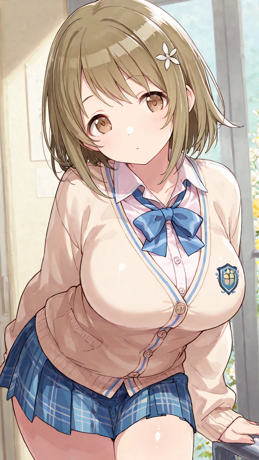 ((Small Breasts)),Highest quality、Very delicate and beautiful、((Very short bangs))、((Bangs))、Light shiny brown hair、The hair is light、((Short Bob))、Cute face、Young face、Cute like an idol、Yellow Eyes、Are thin、Slim figure、Short、（Child body type）、Embarrassed face、Open Mouth、smile、Red face、（School classroom）、Photographed from the front、