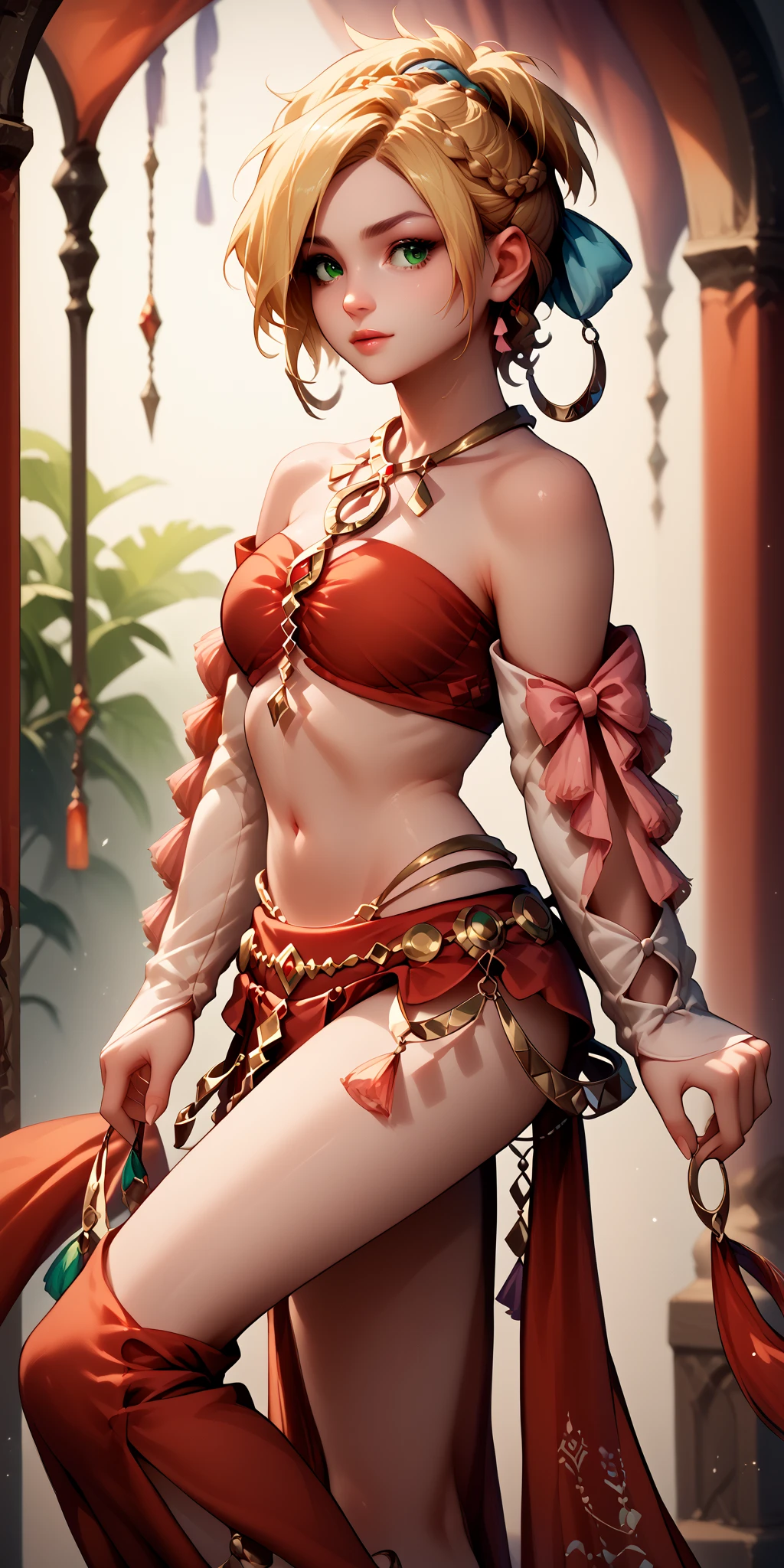 (Masterpiece:1.5), (((High qualityสุด, best quality, High quality))), ((complicated details, very detailed, Crazy details)), height, 32ก, Extremely detailed CG 8K unity wallpaper., (beautiful and beautiful:1.2),, (depth of field:1.3), (Flawless.:1.3), (Delicate depiction of details:1.4),
(((Abundant natural light, Delightful bright colors))), (Ambient volumetric backlight:1.5),  (Illustration of an extremely beautiful young woman:1.3),
(upper body:1.4), (perfect center:1.4), (Natural willow pose:1.5), (((dynamic poses, movie corner))),
(1milf:1.5), (alone:1.4),
beautiful beautiful face, [(detailed face:1.2):0.2], Bright eyes, Pure Rose Face_v1, ulzzang-6500-v1.1,  (gag:1.5), (red lips:1.4), (full lips:1.4), (smile:1.3),
Flawless attractive body, (((The feminine curves are pronounced.))), Skin glows brightly., realistic skin, hair follicles, (((Tightening belly, navel, Groin:1.3))),
(((Golden thread flutters.))), (Fringed tassels:1.3), (Tight long sleeves:1.4), (Single neck), (The invention shines.:1.5),(Strapless Thai dress with no straps:1.3),(Show your breasts,The crevice is clear.), (Elegant and intricate clothing accessories:1.5), (Embroidery work decorated with gems:1.4), (sparkling clothes:1.4), (sparkling particles:1.3), (((The front seam is sagging., Sagging back seam))), (((earring, armband, Hair clips, hair accessories))), (Stand alone in a magical outdoor garden decorated with gems and colorful exotic flowers and shrubs.:1.5), (Outside the great ancient palace:1.5), (((full body))),(((ขับnavel,List of dances,Thai Dance)))
