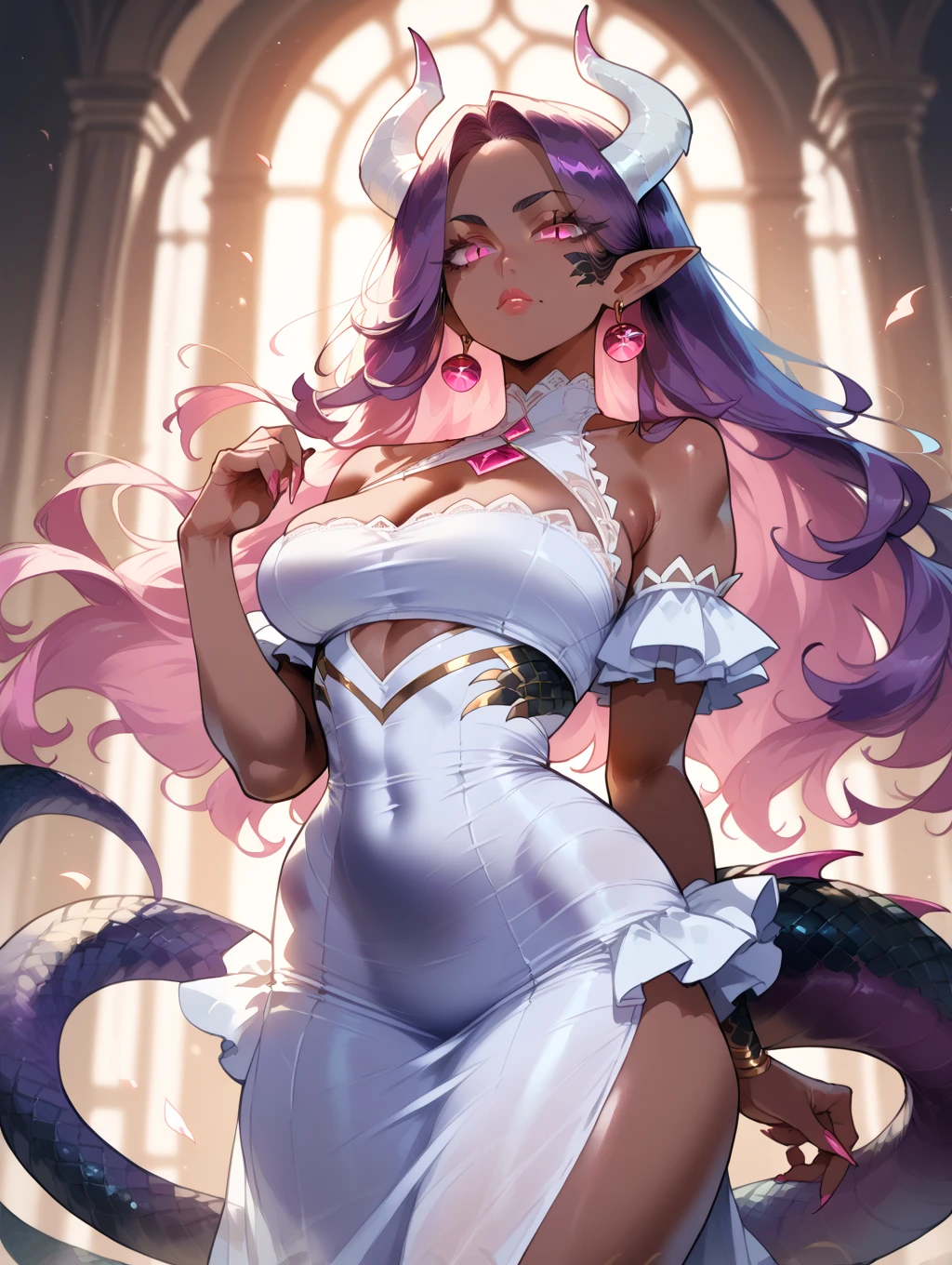 ((ultra quality)), ((masterpiece)), ((medusa)) ((gorgon woman)), ((long white curly hair)), ((White hair)), ((curly hair)), (beautiful face), (beautiful female lips), charming, ((calm facial expression)), looks at the camera with a slight smile, (White skin color), (White skin), glow on the body, ((detailed eyes)), ((violet eyes)), (juicy female lips), (dark eyeliner), (beautiful female hands), ((thick body)), ideal female body, beautiful waist, beautiful big hips, big breasts, thick thighs, ((Subtle and beautiful)), ((wolf ears and tail)) ((About a huge white snake)), (), ((depth of field)), ((high quality clear image)), (delete details), ((High detail)), ((clear focus))