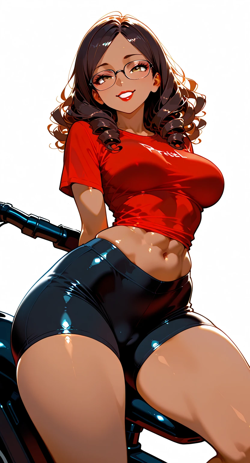 brown hair, ponytail, , huge breasts, cleavage, sexy mechanic, in a garage, (perfect hands:1.1) (extreme far shot, full body, zoomed out:1.1) topless nude wear vest chains gold