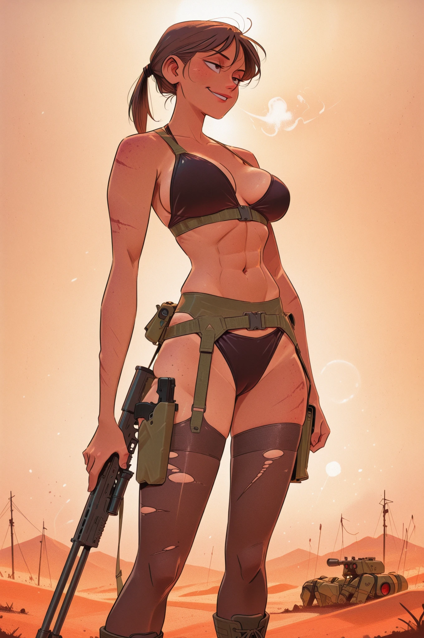 (master piece: 1.1), casca \(berserk\), 1girl, solo, ((1girl in a bikini aiming a AK-47 assault rifle)), ((holding rifle in 1hand)), cat ears on head, (dark skin), brown skin, flushed face, short bikini, thin body, big breasts, short hair, tattered military equipment, soldier girl, military girl, ((holding rifle in one hand, detailed fingers between the rifle)), (other hand behind body), perfect_hands, thin waist, her eyes are bright and detailed, dark eyes, high facial detail, shadows between her body, ((simple gray background)),