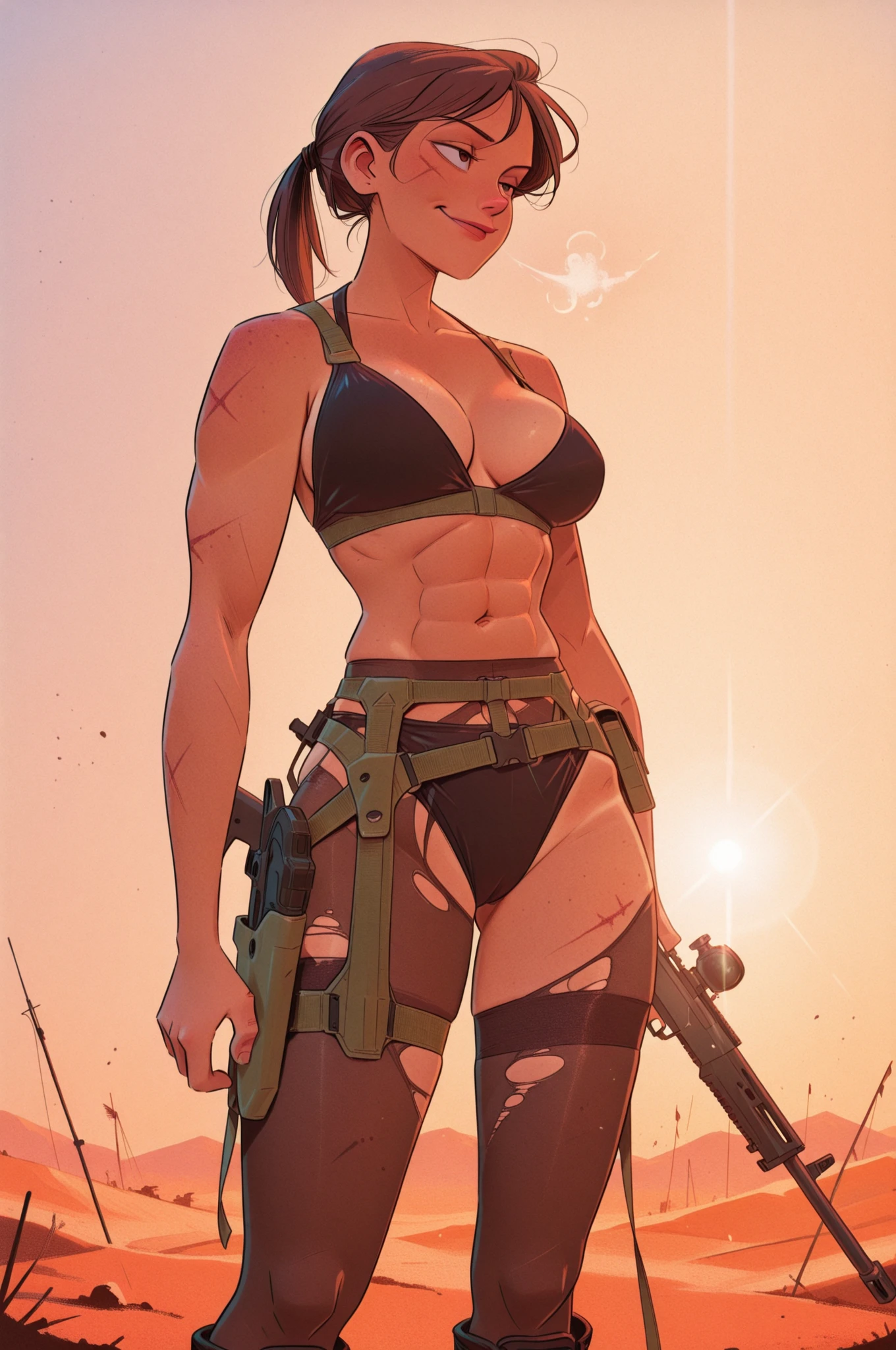 1 girl,A cute girl wearing a camouflage bikini top and shorts is holding a large rifle and looking at us.、Idol level cuteness、black hair ponytail、Slender but big breasts、belly button、healthy thighs、anatomically correct、accurate limbs and fingers、Breasts that seem to overflow from the tiny camouflage pattern bikini top、erect nipples、tiny shorts、wearing military equipment、Accurately drawn large rifle、combat boots、In the desert ruinasterpiece、photorealism、