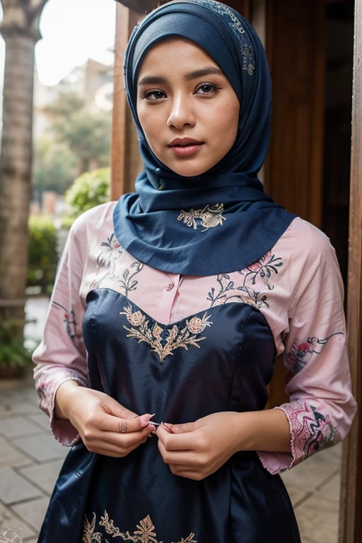 A woman wearing a beautiful hijab with 16 thousand flowers 