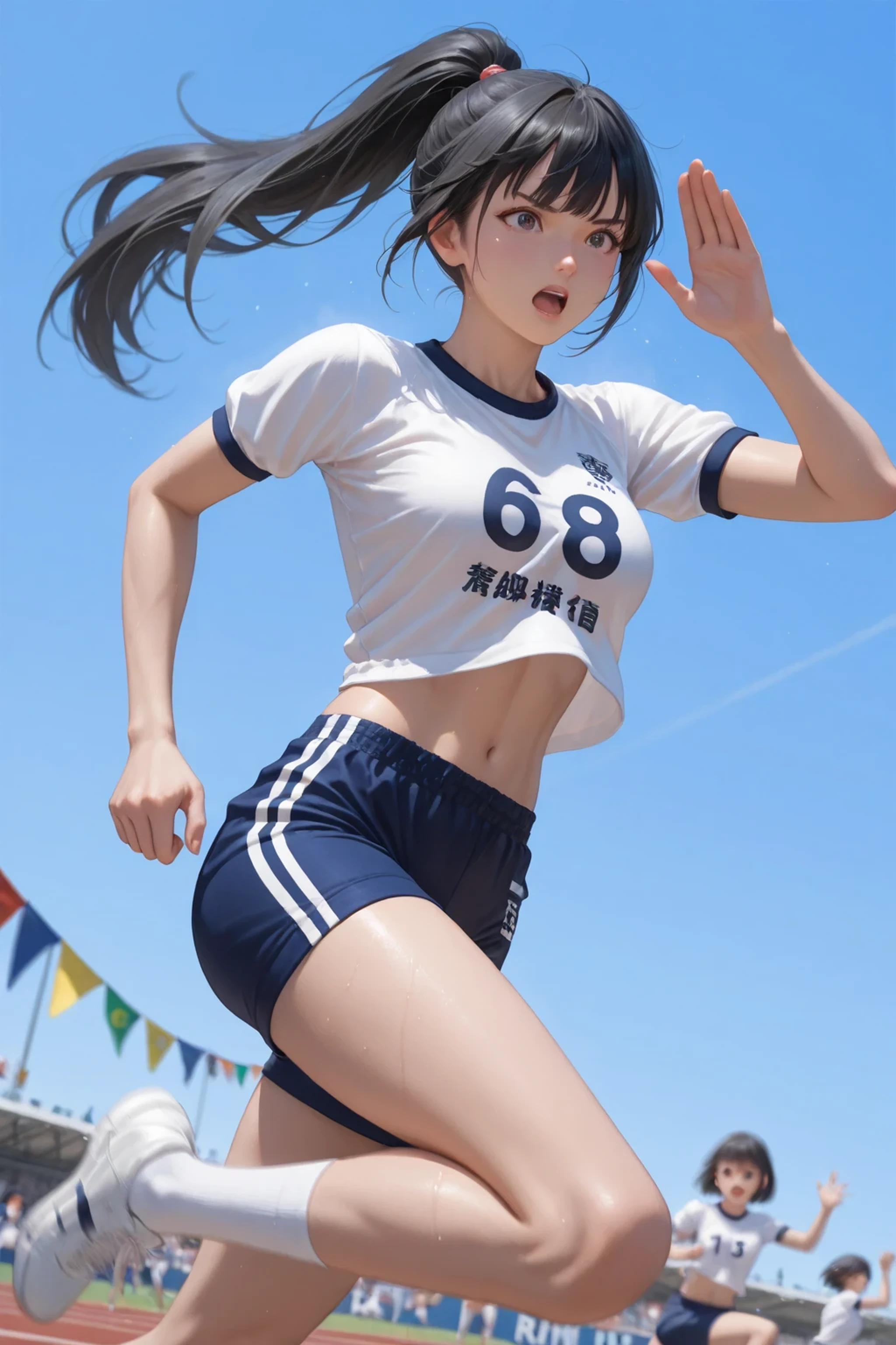 Highest quality、High resolution, Woman in sports bikini、、Slender Line、Running in the schoolyard、Running in the schoolyard、Sweat、Like a model, (Photo 1: View from below:1)、Sweat dripping、