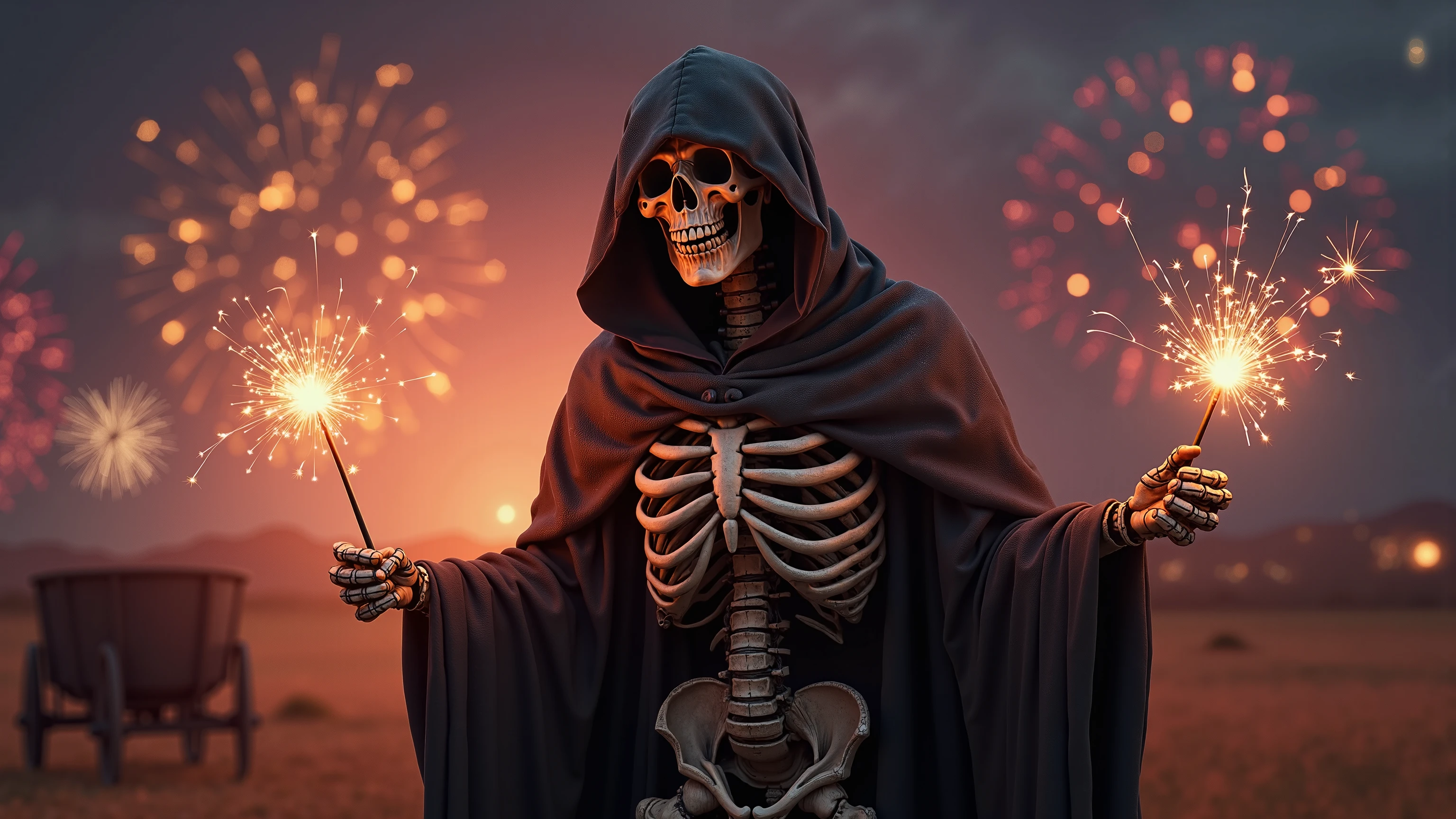 Navy blue skeleton, with his back in yellow flames, in front of a gloomy background, preparing to cut a cake without a candle, diagonally with a katana like a samurai In the image he should be looking towards the center of the image
