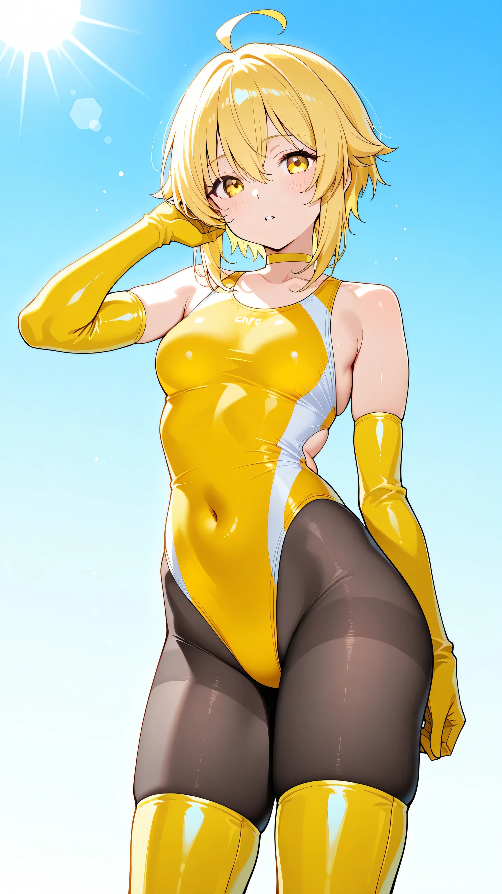 1girl, solo, official style, young girl, children, Yui, Sao, sword_art_online, blonde hair, high hair bun, single hair bun, ballerina bun, forehead, board forehead, makeup, gold face, brown eyes, (metallic skin _1.5), (gold skin_3.0), bodypaint, shiny skin, body shiny, glowing skin, goldcarvingcd, SlightMuscle, Bulky, Bodybuilder, Hypermuscle, alternate muscle size, leotard, gold leotard, highleg, clothing cutout, stomach cutout, looking at viewer, smile, closed mouth, full body, standing, from side, bare shoulder, barefoot, pose, arms up, double biceps pose, flexing, indoors, museum, building, light,