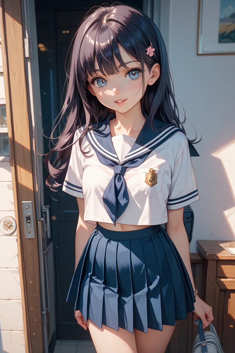 (masterpiece, best quality:1.2), cowboy shot, solo, 1girl, akebi komichi, smile, closed mouth, looking at viewer, arms behind back, school uniform, serafuku, pleated skirt