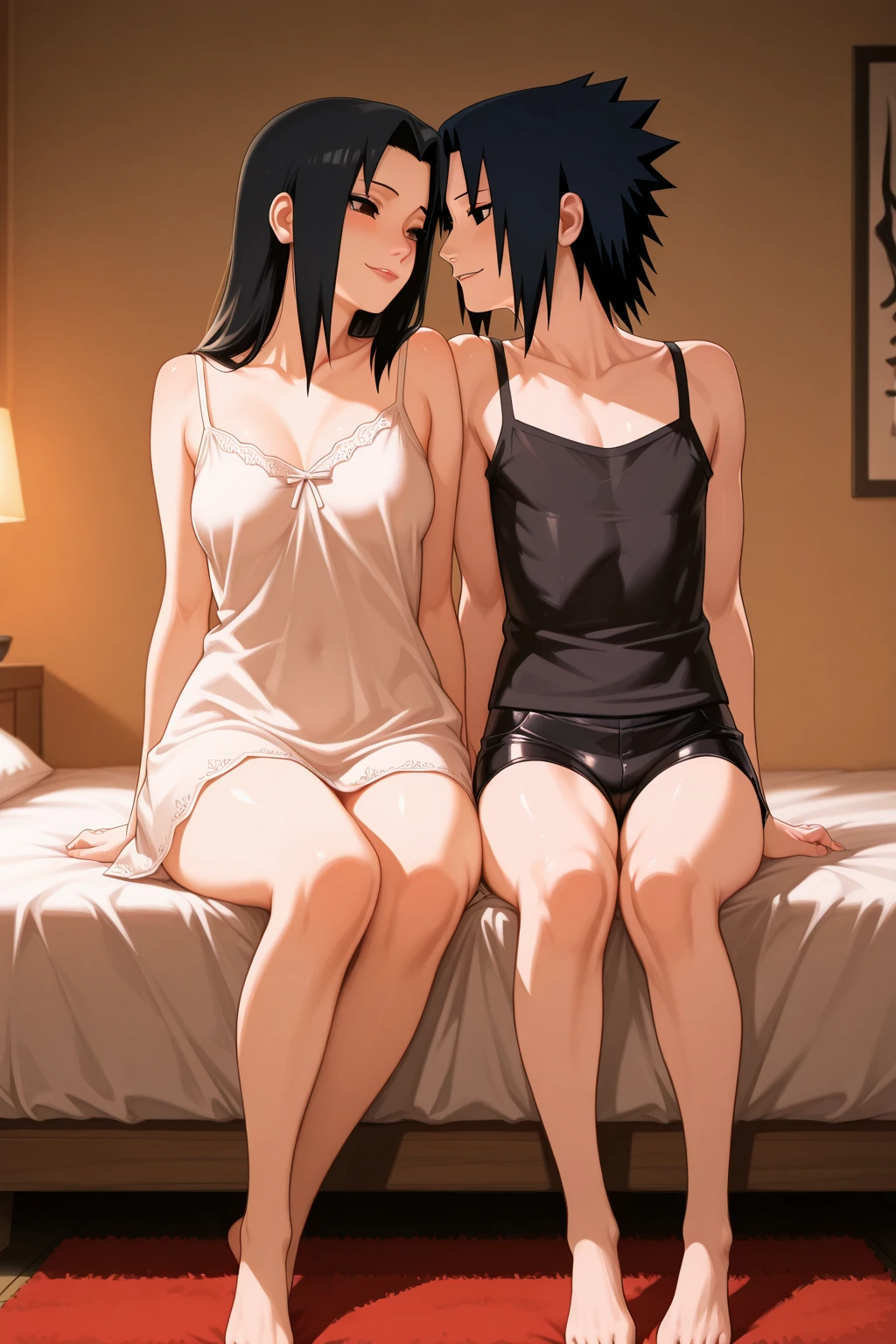 On bed,Sitting on soneone,sitting on her hips,bra,short jeans,big