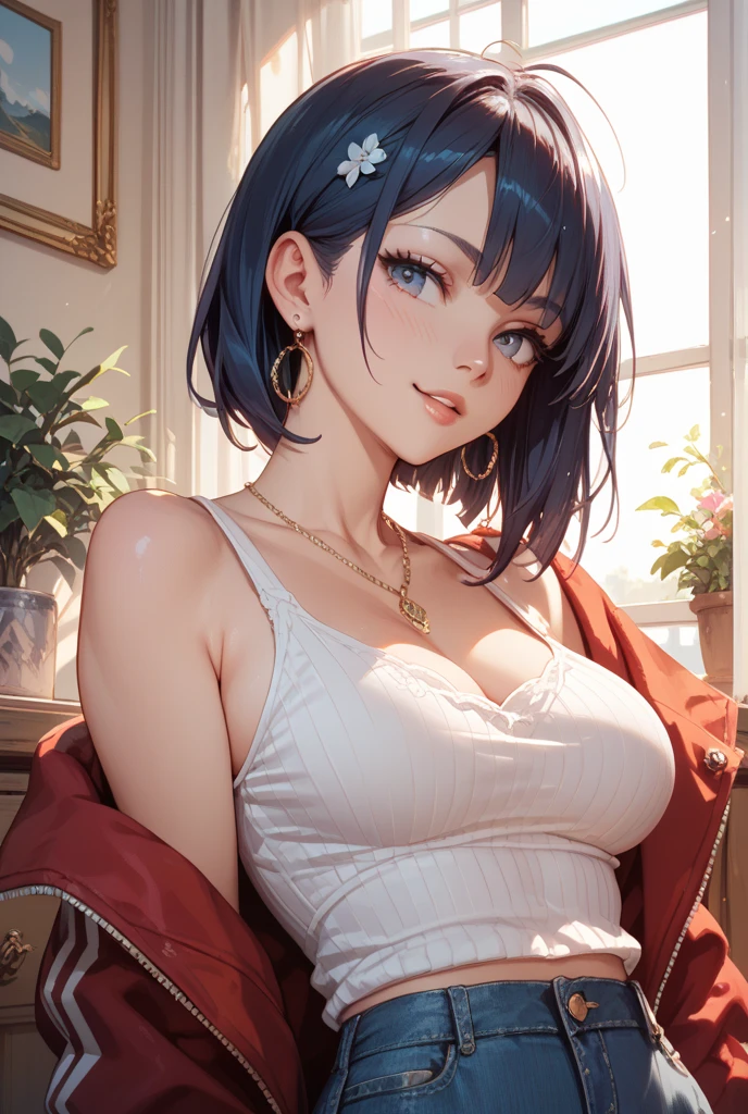 ((best quality)),(Ultra-high resolution),(Super detailed),(Detailed description),((Best CG)),(best art),ultra-precision art,Amazing painting art,(Fashion art with precise details:1.5), (1 female model:1.8),(Beautiful and well-proportioned face:1.6),Attractive figure:1.6,(Off-the-shoulder shirt,Accurate and detailed depiction:1.8),(jeans:1.5)Large Breasts,lipstick,Smile