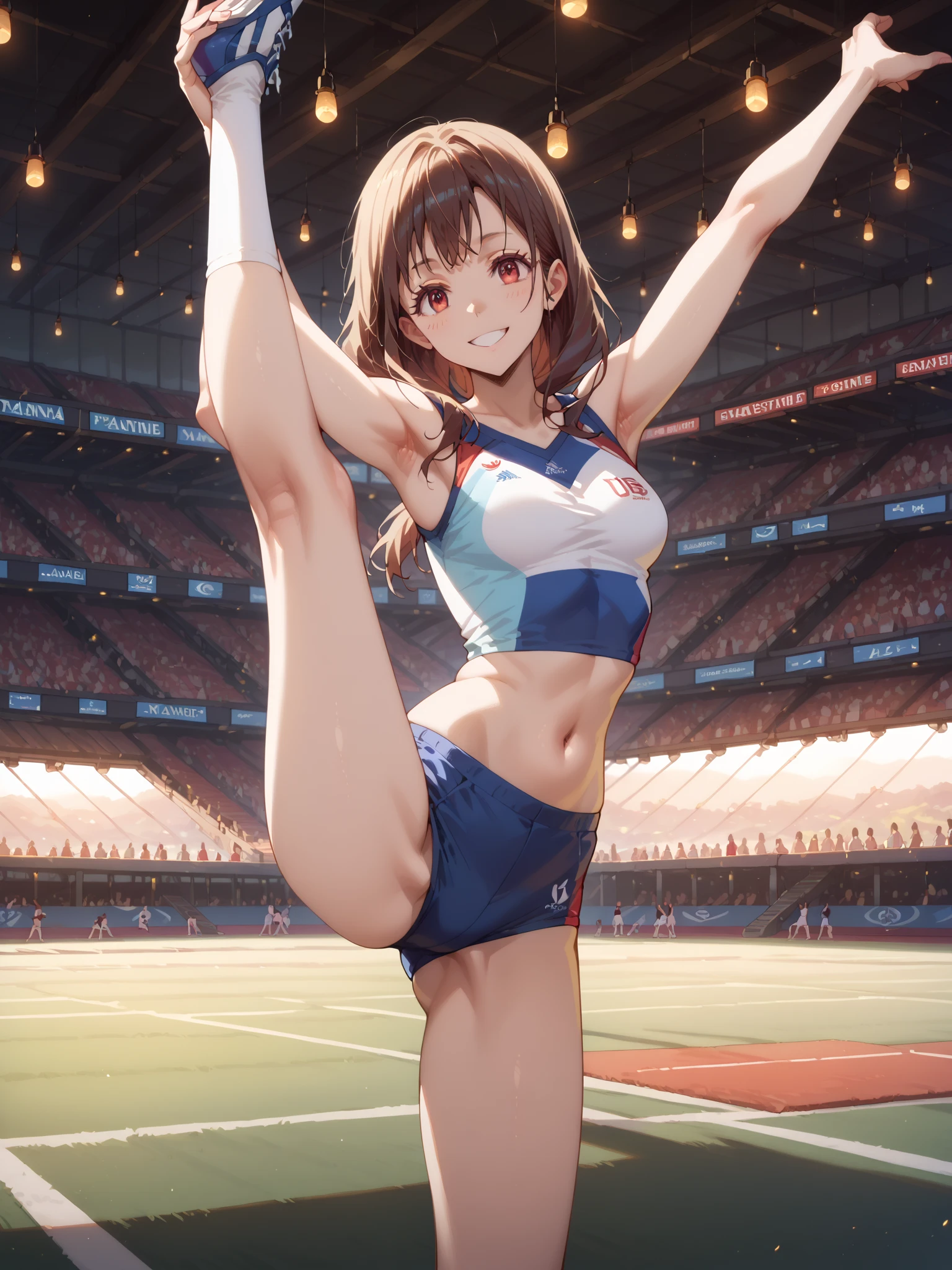 top-quality、lighting like a movie、 Girl in white sports bra and white running panties、Squat and open legs、embarrassed from、full of sweat、small ass、small tits、tiny chest、stadium、(Photo 1 seen from below:1)