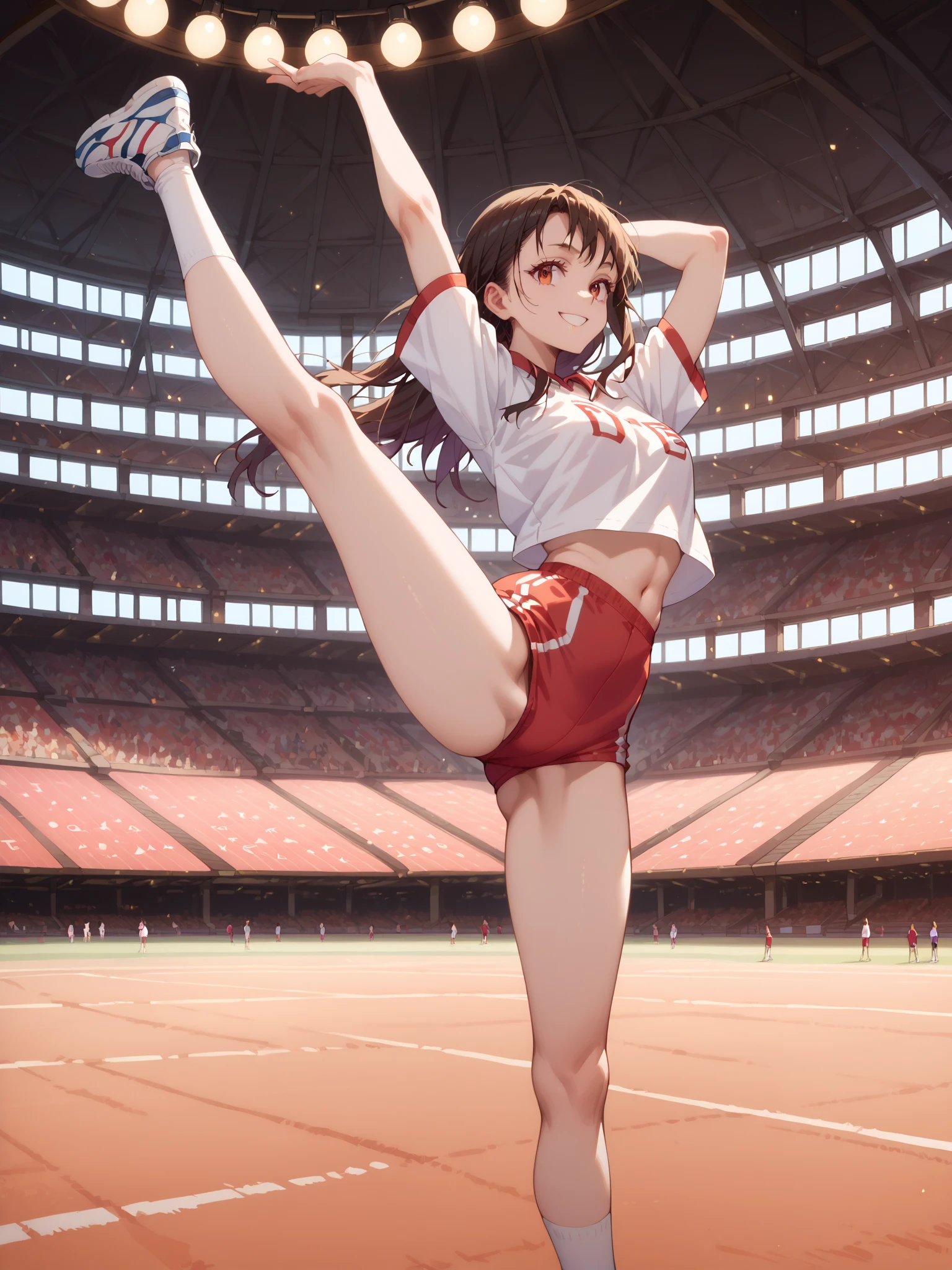 masterpiece, 1girl, cheer leader, sexy,sensual,defined abdomen, pussy, vulva, no panties,skirt, red clothes, stadium background,  BREAK perfect face,expressive eyes,happy, exausted,sweat, arms up