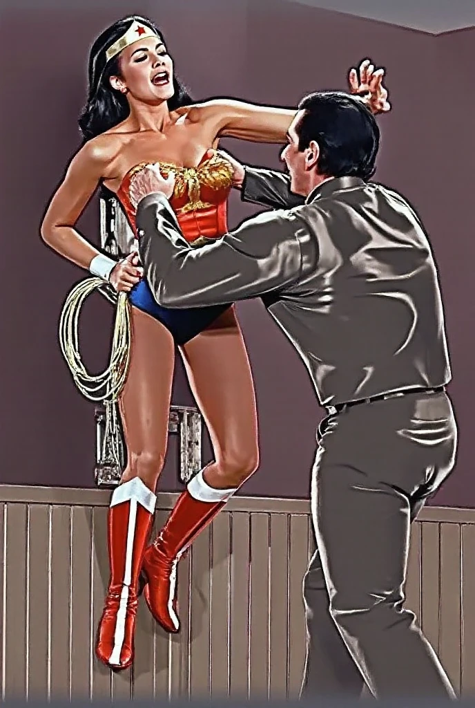 Sexy Manga comic sexy mixed fight intergender 1 man, 1 girl, sensual brunette girl blue eyes wet white t-shirt v-neckline, black latex skirt and high heels boots she is kicking a man in his groin; girl enjoys kick the man in his testicles and big penis(Full Body) (nsfw)(bigboob)(highly detailed) (concept art) (manga) (anime) (draw) (face anime detailed) (comics)(ballbusting)
