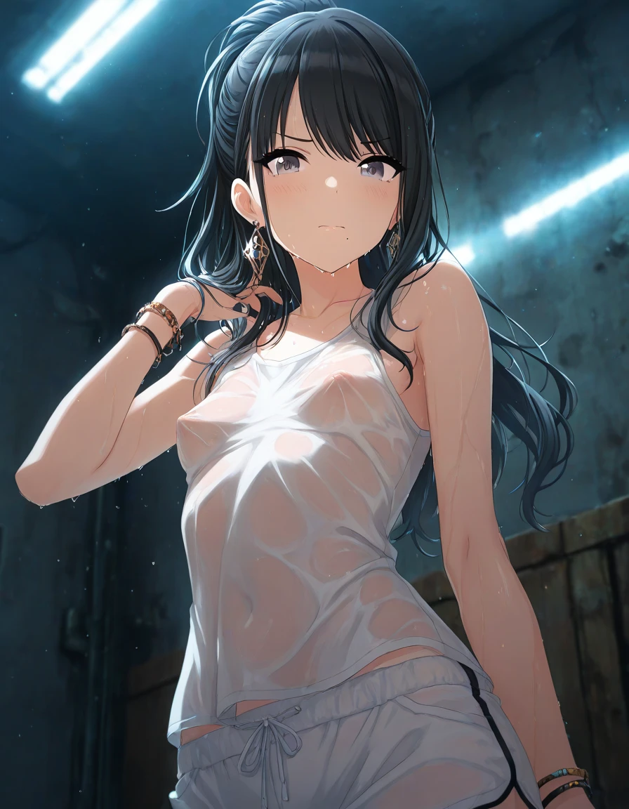 Kneeling in front of the man, orders, forced blowjob, man standing with his hand on her head, (((sweat))) (((NSFW))) chains, Dog Collar, Cordas, shy expression, submissa, fully body, visão do fully body