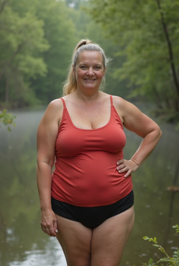 A portrait of a Swedish beautiful woman in her early 50 s with blonde long hair and blue eyes. ((Wide hips and extra fat on her stomach)). Standing in a little bikini in front of a black house. Wind in her hair. Smiling. Realistic Masterpiece