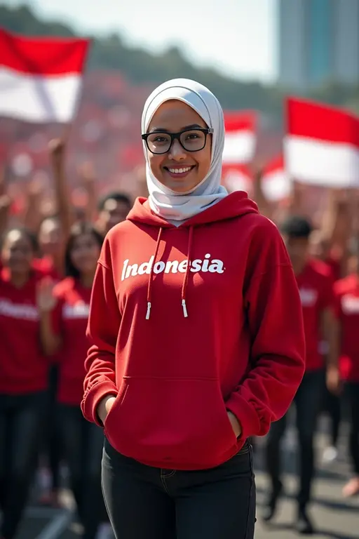 Beautiful indo women, hijab, red long t-shirt and long pants blue jeans,holding a white and red flag, and wall in the back with text "INDONESIA MERDEKA"79" and showing it to the viewer