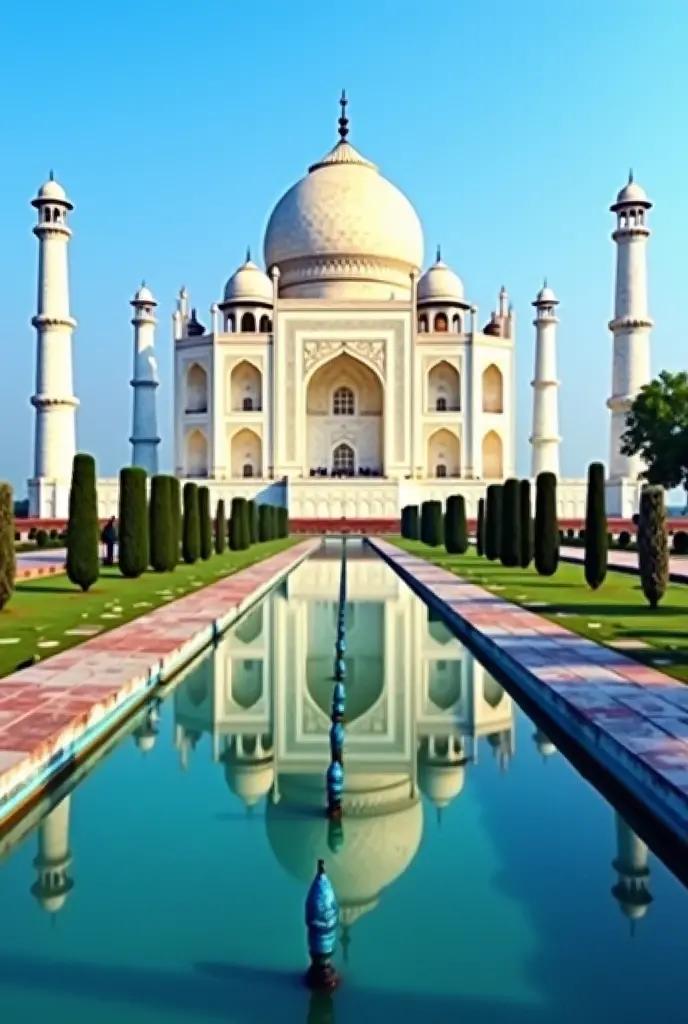 A breathtaking view of the Taj Mahal in Agra, India, at sunrise. The white marble mausoleum reflects on the calm waters of the lotus pond, with intricate carvings and floral inlays visible on its façade. The lush green gardens and tall minarets frame the structure, with the sky displaying soft pastel hues of dawn.”