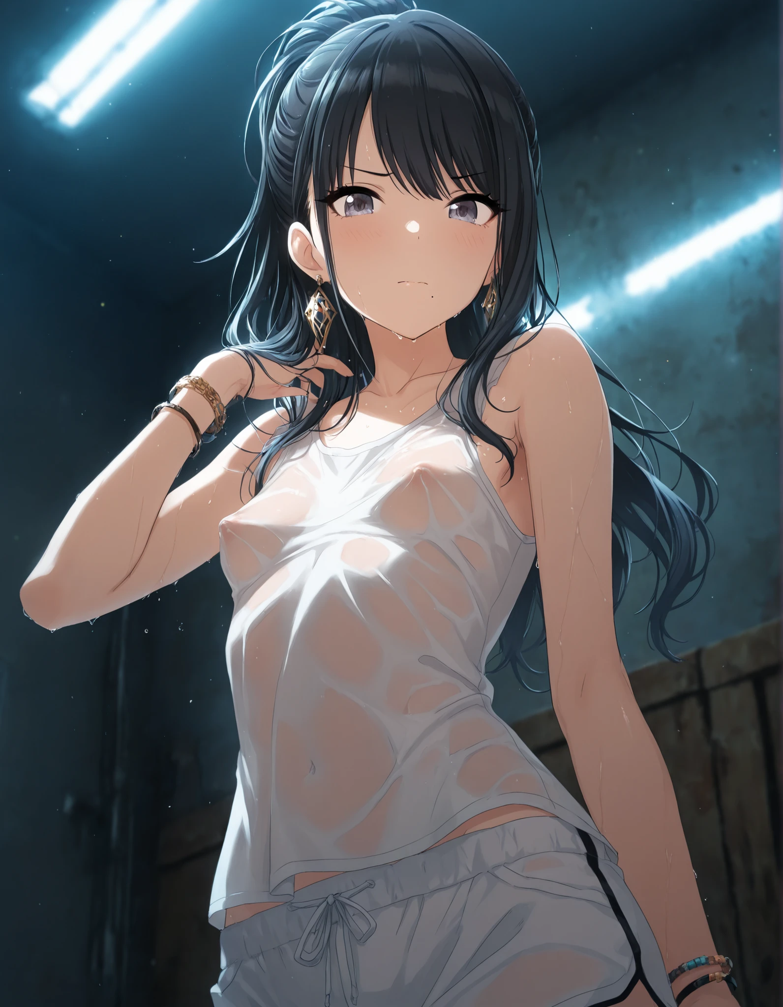 score_9, score_8_up, score_7_up, source_アニメ,Natural Light,details background,blurry background,extremely detailed,1girl,hatsushimo(kancolle),brown eyes,(left(white)right(blue))headband,(black)long hair,(low-tied)hair,(black)hair,small breasts,black blazer,black skirt,single thighhigh, (petite),one eye closed,(ripping clothes),dameged,clenched teeth,nude