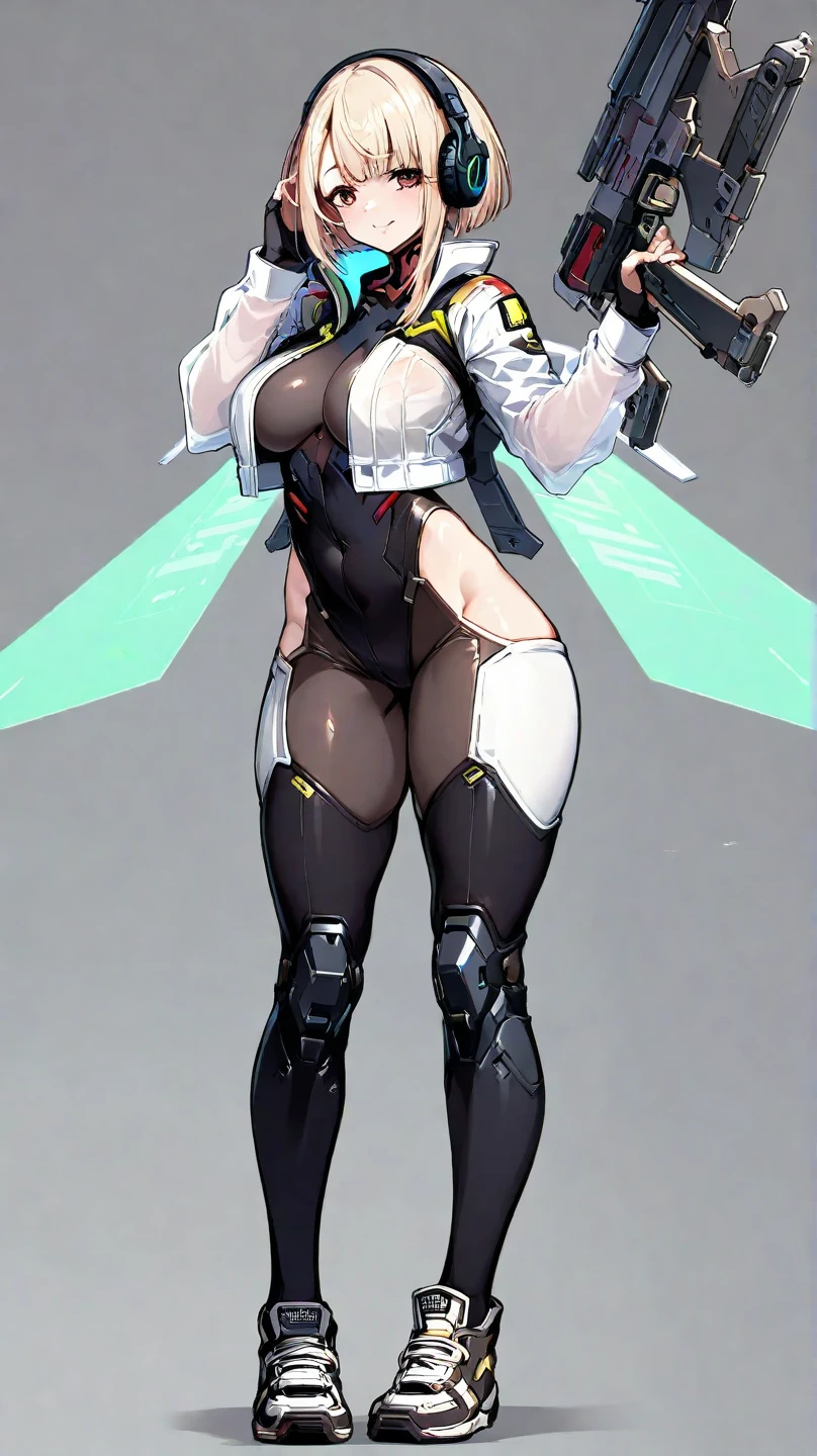1girl, white skin, light skin, smile, light smile, blue hair, short hair, blue eyes, large breasts, breasts, wide hips, black bodysuit, bodysuit, sleeves, short sleeves, pantyhose, futuristic, science-fiction, neon trim, neon, full_body, ((full body)), standing