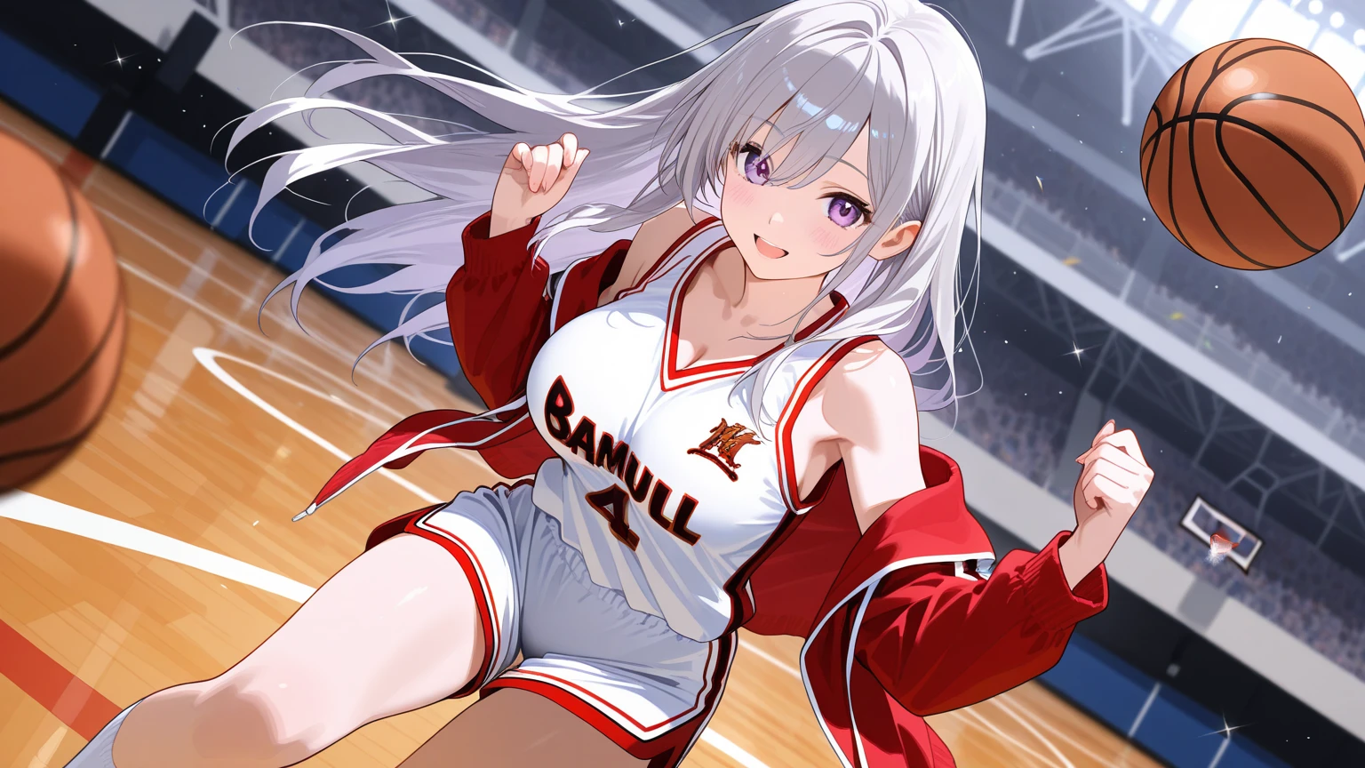 Masterpiece++, Highest quality++, Ultra-definition++, Ultra-definition++, 4k++, 8k++, (background focus)++, highly detailed, ((basketball court))++, (((one-piece Yamato) )) +++, ((basketball player)), (((red slam dunk uniform)))+++, ((mature woman playing basketball))++, (basketball), blush, (wrist wristband), (super shiny hair and skin), (sunlight), ((beautiful)), sweaty body, cleavage, lively, sweating, warm smile, perfect eyes, perfect hands , perfect nose, one-piece Yamato, bright atmosphere, (wet effect)+, (light effect), (cinematic light)+, (light cinematic)+