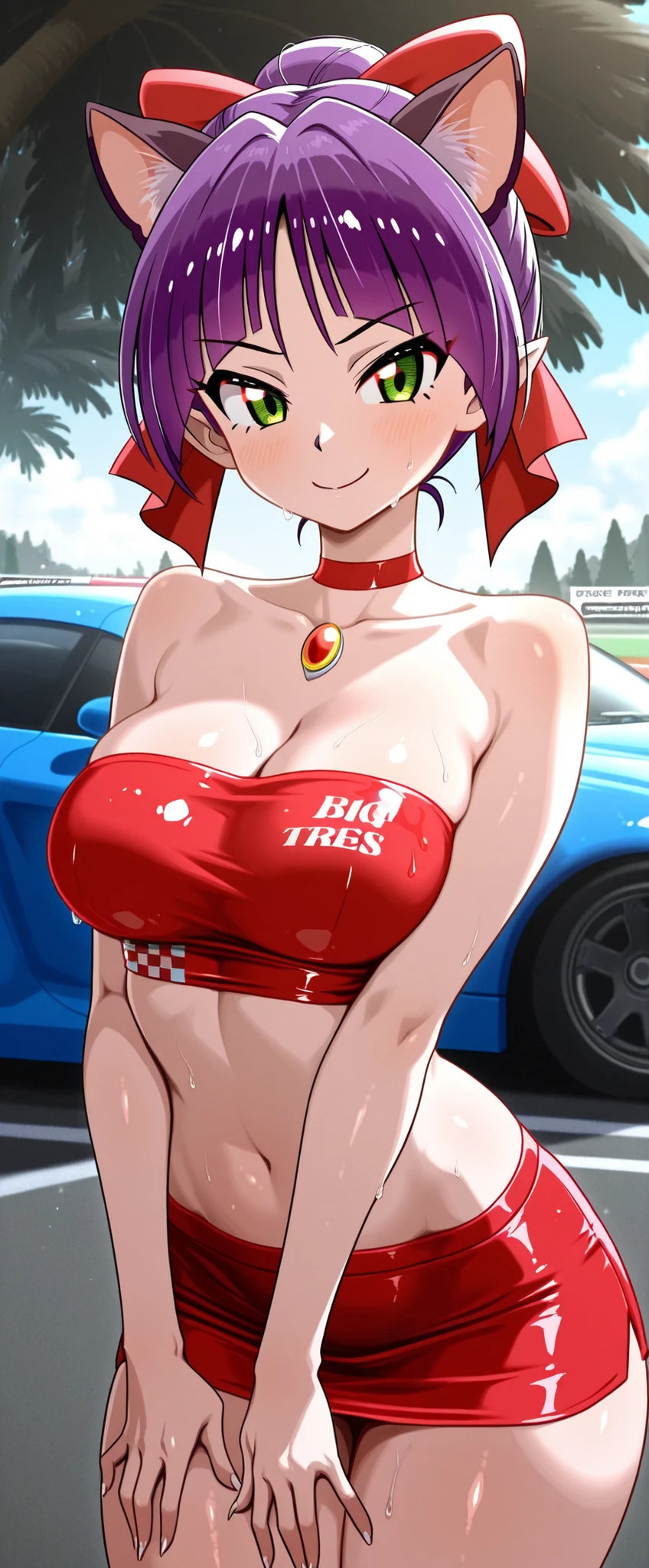 Hot MILF mother, she has dark reddish hair updo hair and peach skin, big eyes with makeup, she is wearing a polka dot red and white tied bow bra, short ripped blue jeans, she is very sexy, she is washing her car outside in her driveway, she has big thighs, big breasts