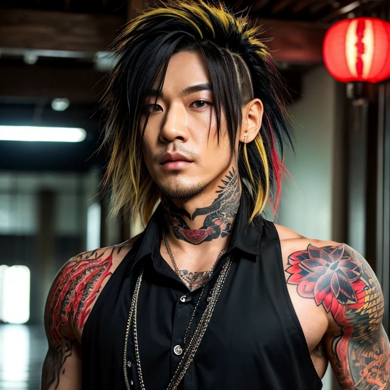 1 man, Japanese man, male, Asian eyes, muscular, broad shoulders, yakuza tattoos, hairstyle Visual Kei style, hair Visual Kei, black men's shirt and black pants, ultra detailed face, hyperrealistic, realistic representation, long hair, long hair, 30 years old, age 30 years, blonde hair